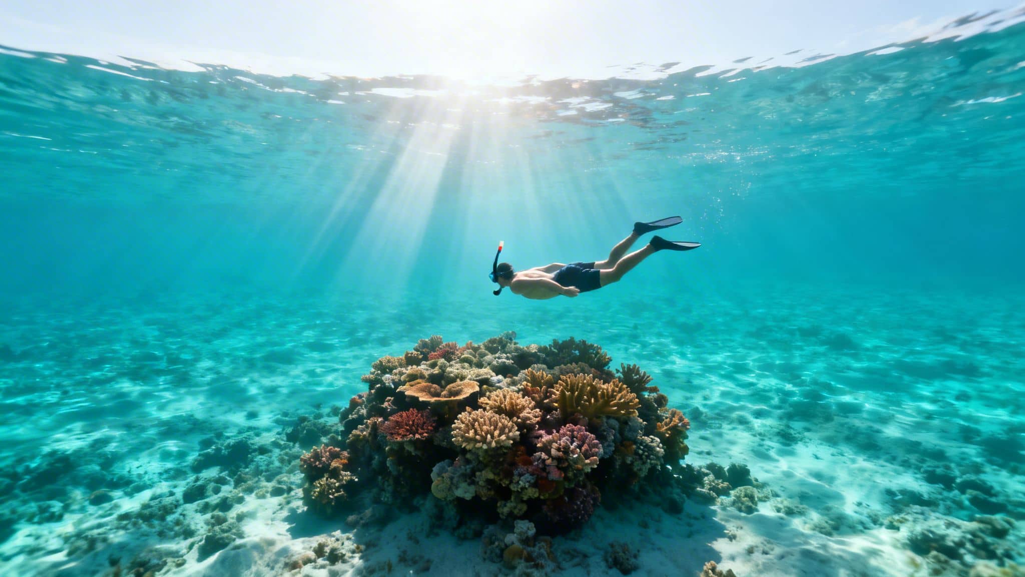 Man snorkeling above a vibrant coral reef in clear turquoise water with sunlight.