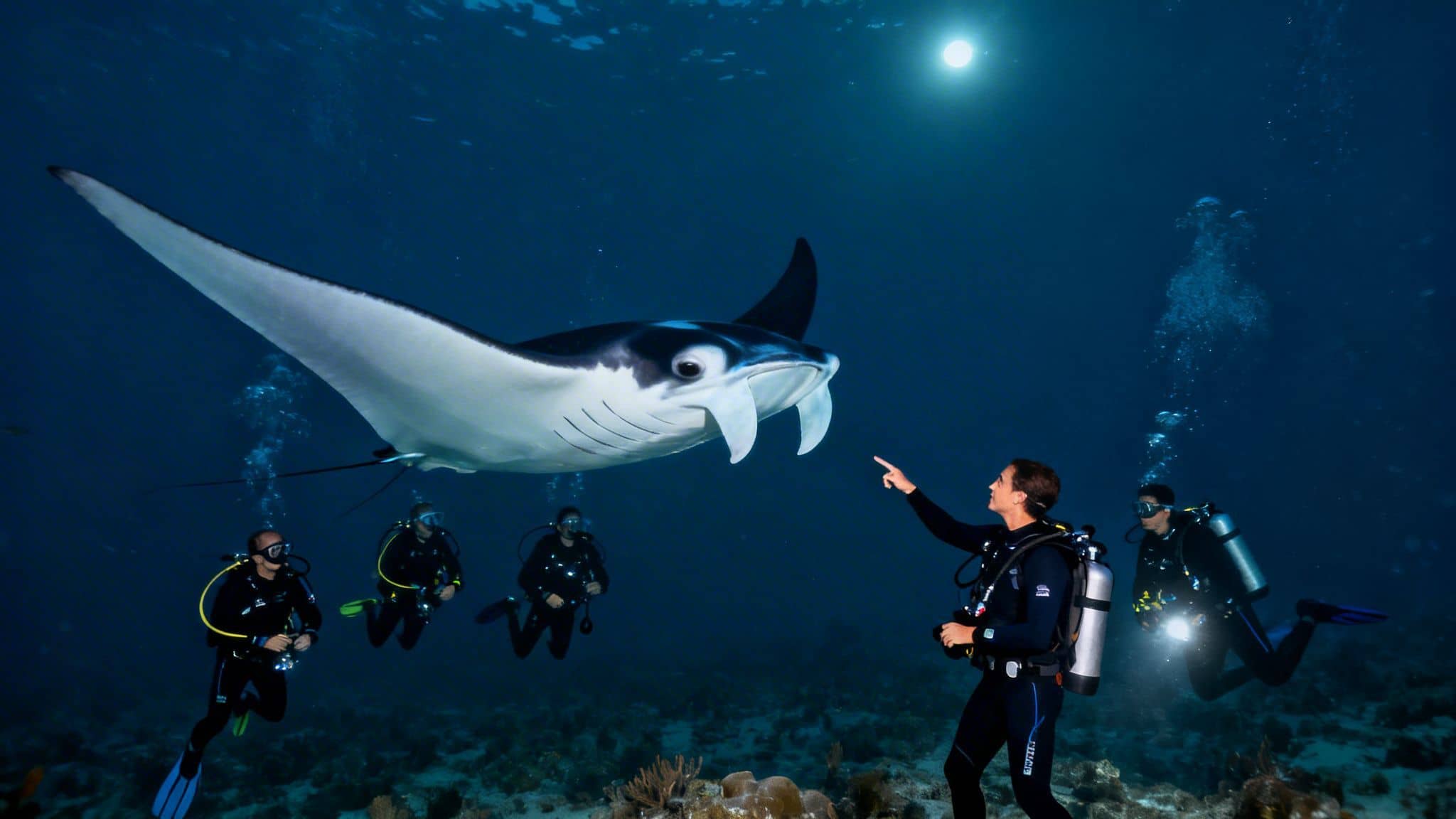 Scuba divers observe a majestic manta ray swimming gracefully underwater, with a bright sun overhead.