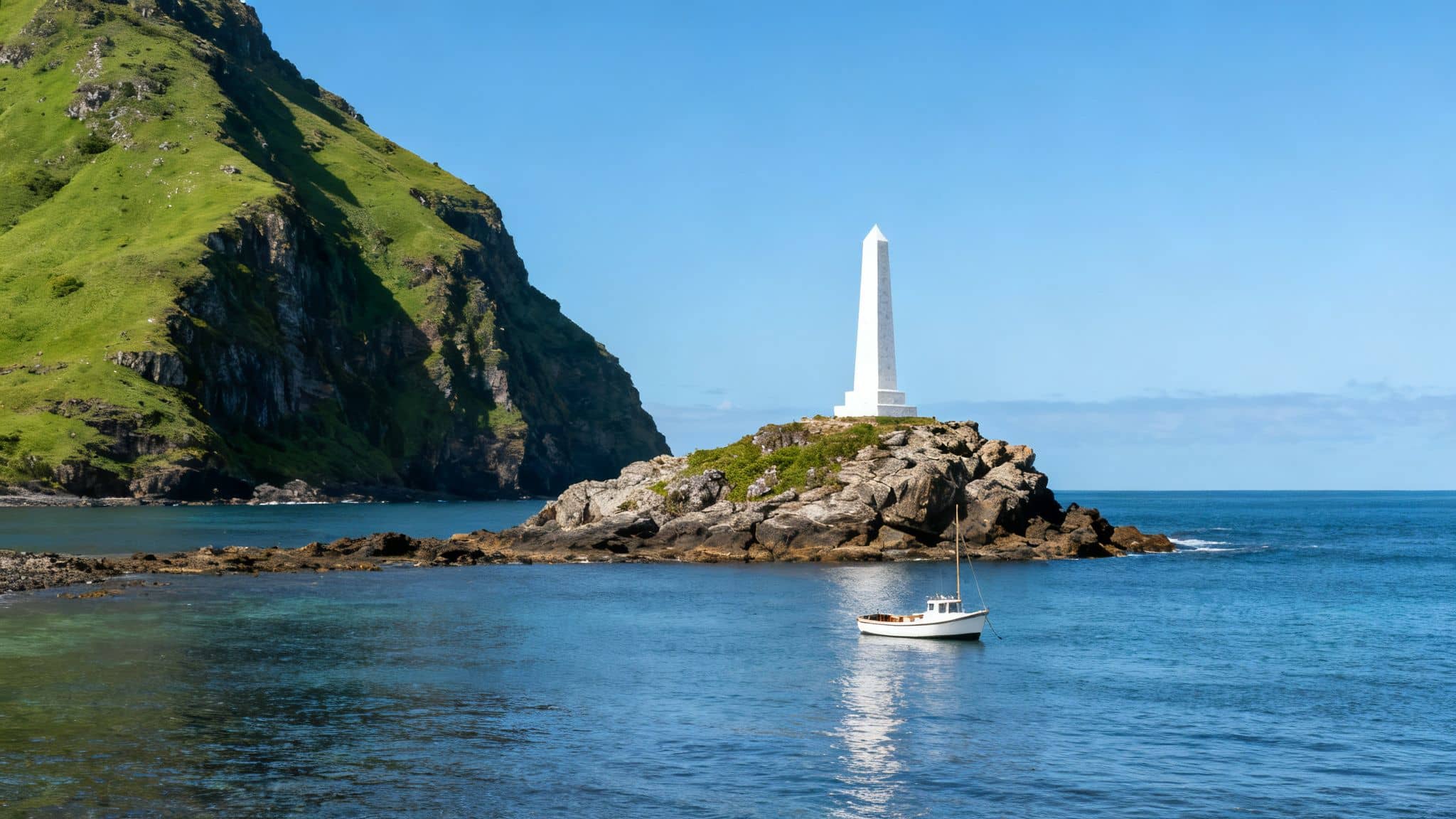 A white boat floats peacefully in clear blue water near a tall white obelisk on a rocky island, beside a large green mountain.