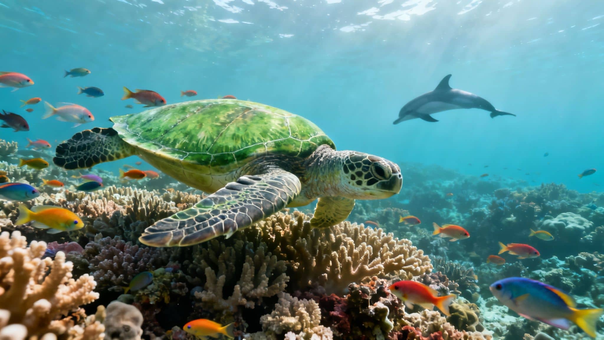 A majestic green sea turtle swims gracefully over a vibrant coral reef, surrounded by colorful fish and a distant dolphin.