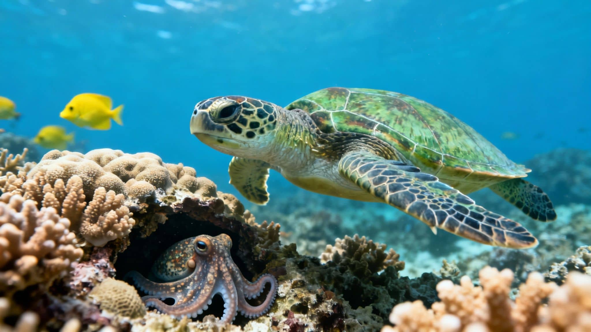 A green sea turtle swims over a coral reef where an octopus peeks out, with yellow fish in blue water.