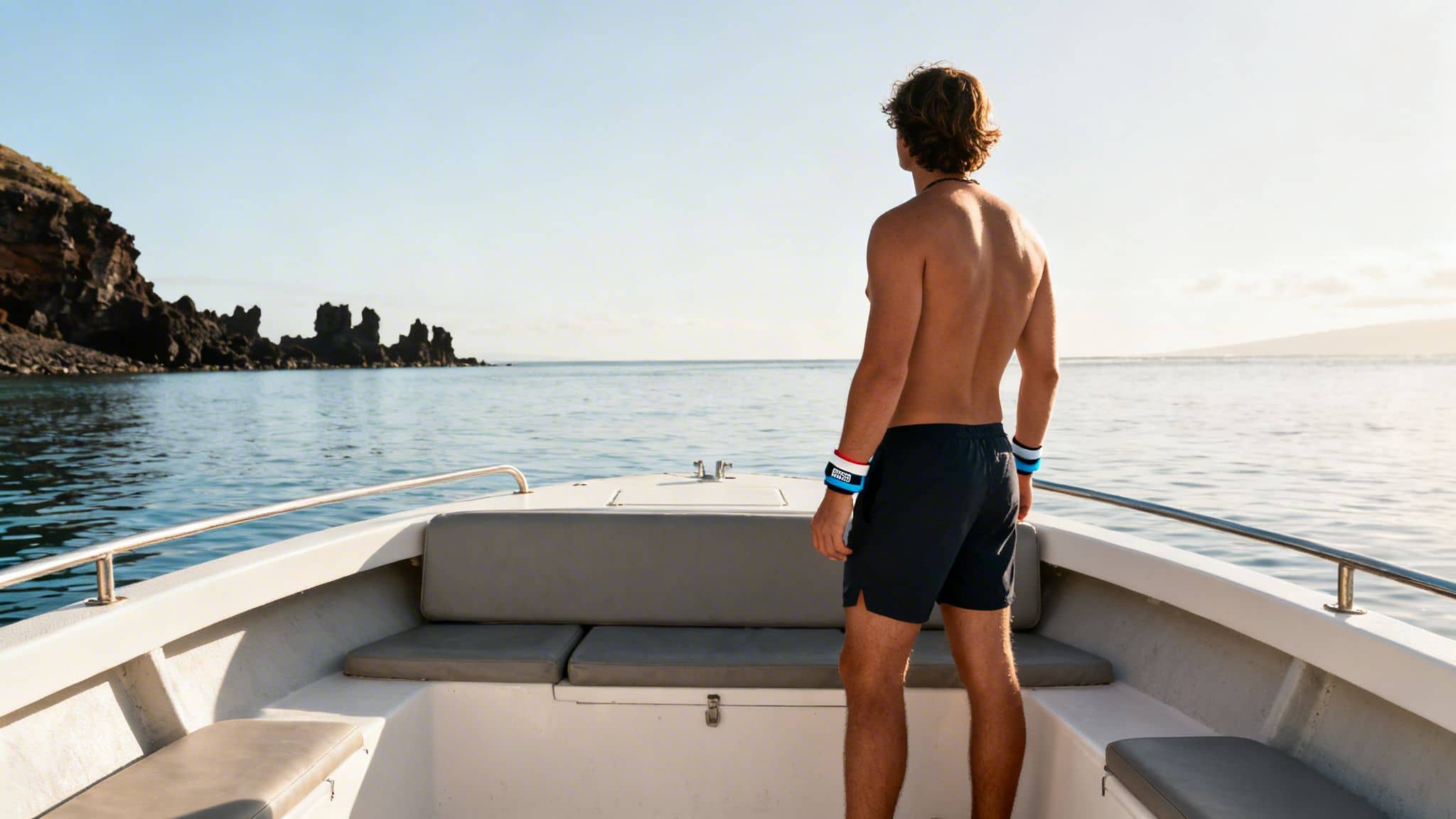 A man wearing sea sickness wristbands stands on a boat, looking at the ocean and rocky islands.