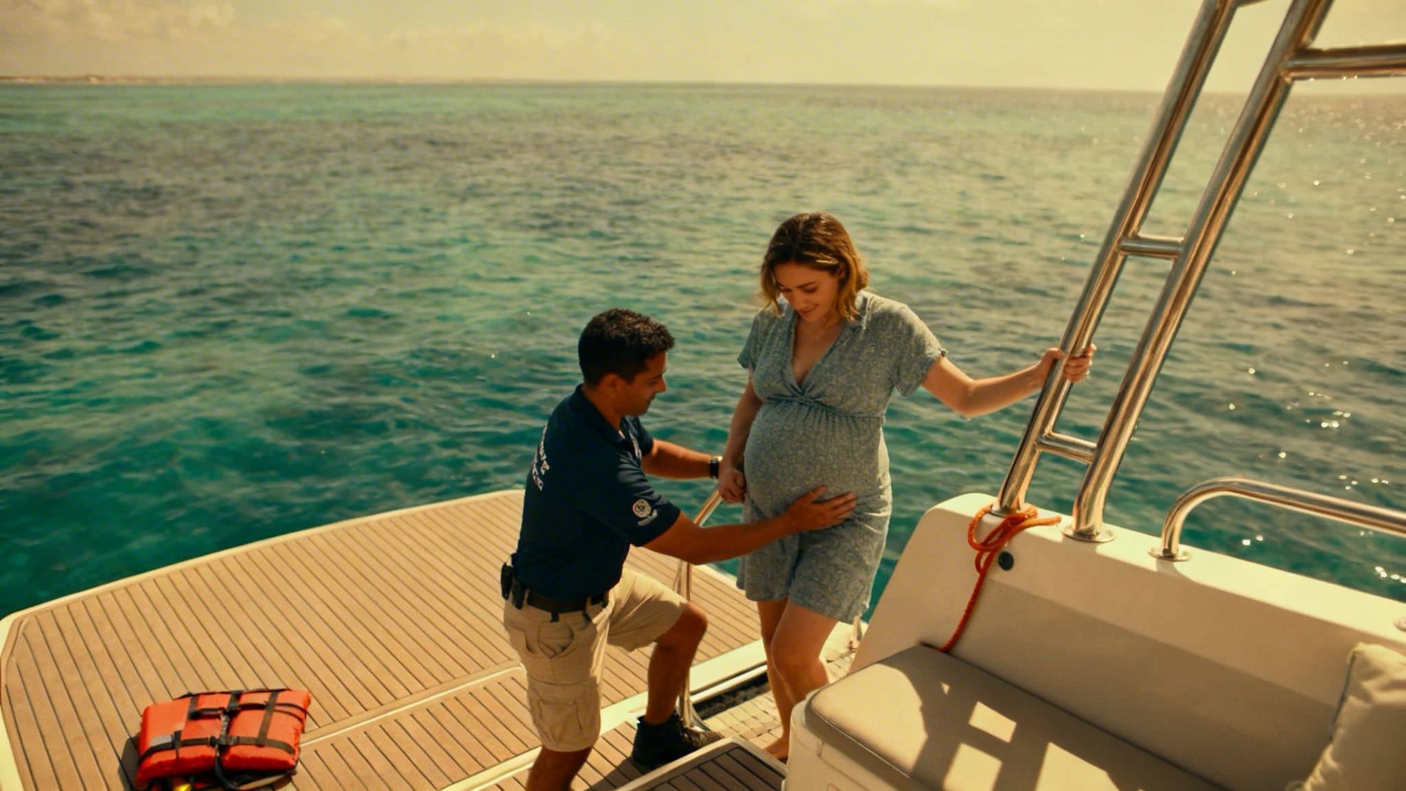 A man assists a pregnant woman on a boat deck with beautiful turquoise sea water.