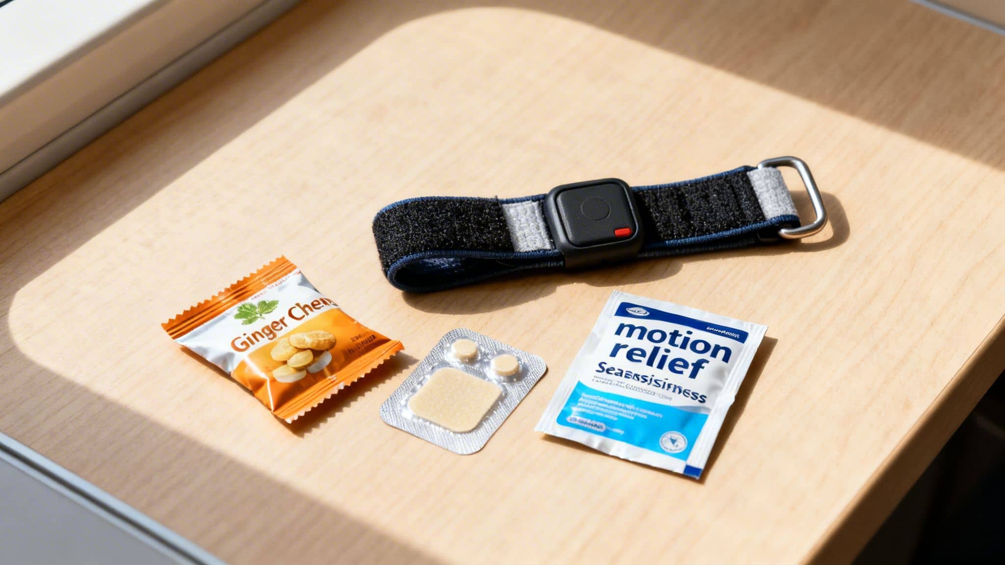 Various remedies for motion sickness, including ginger chews, pills, a patch, powder, and a wristband.