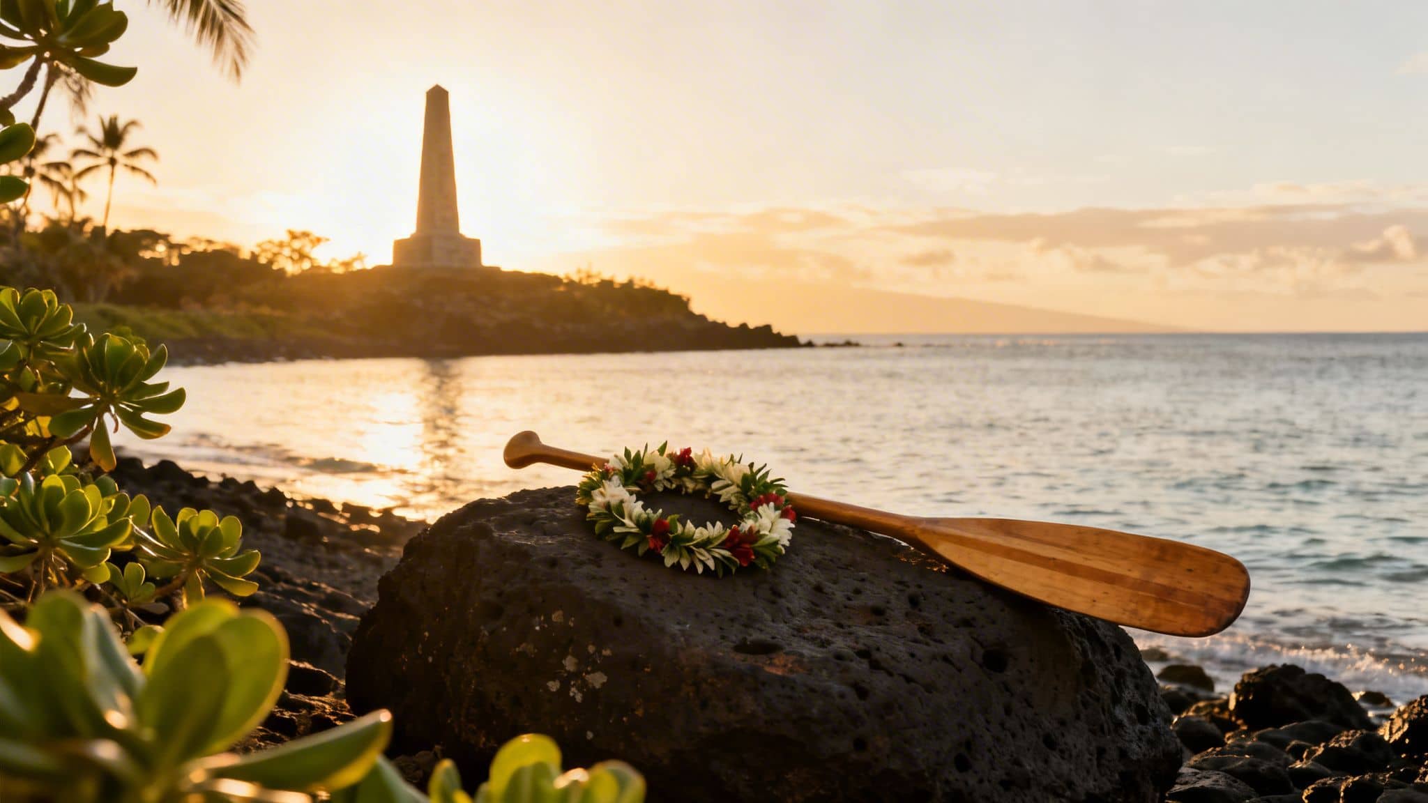Paddle and flower lei on a rock, sunset over bay with distant monument and palm trees.