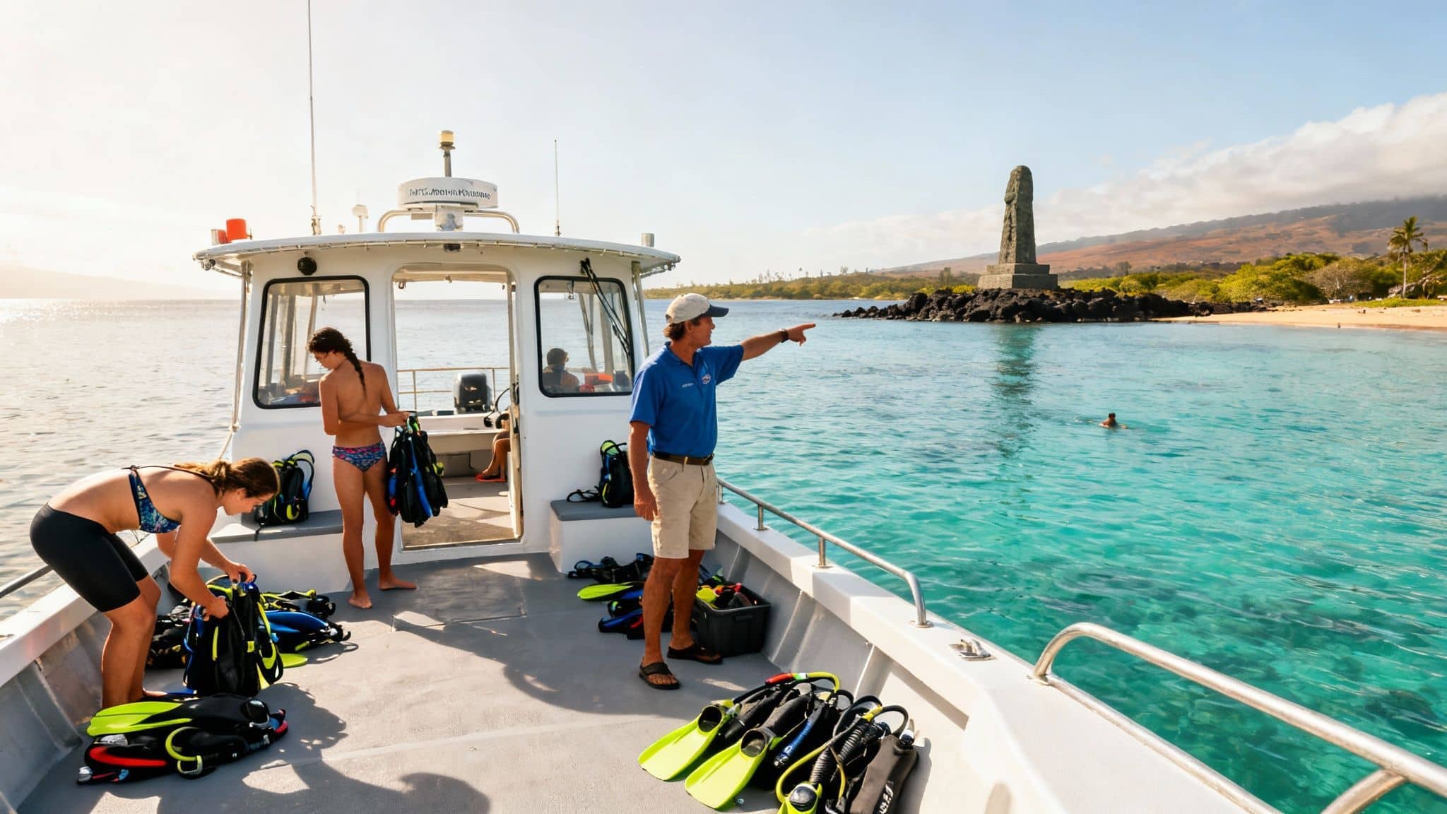 People on a boat preparing for snorkeling near Captain Cook Monument in Hawaii.