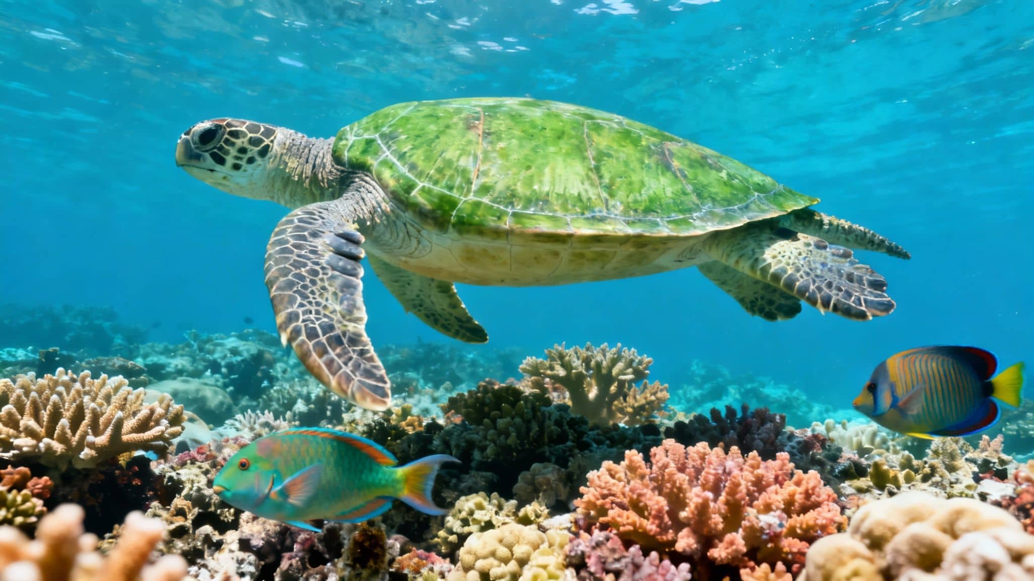 A green sea turtle swims gracefully above a vibrant coral reef with tropical fish.