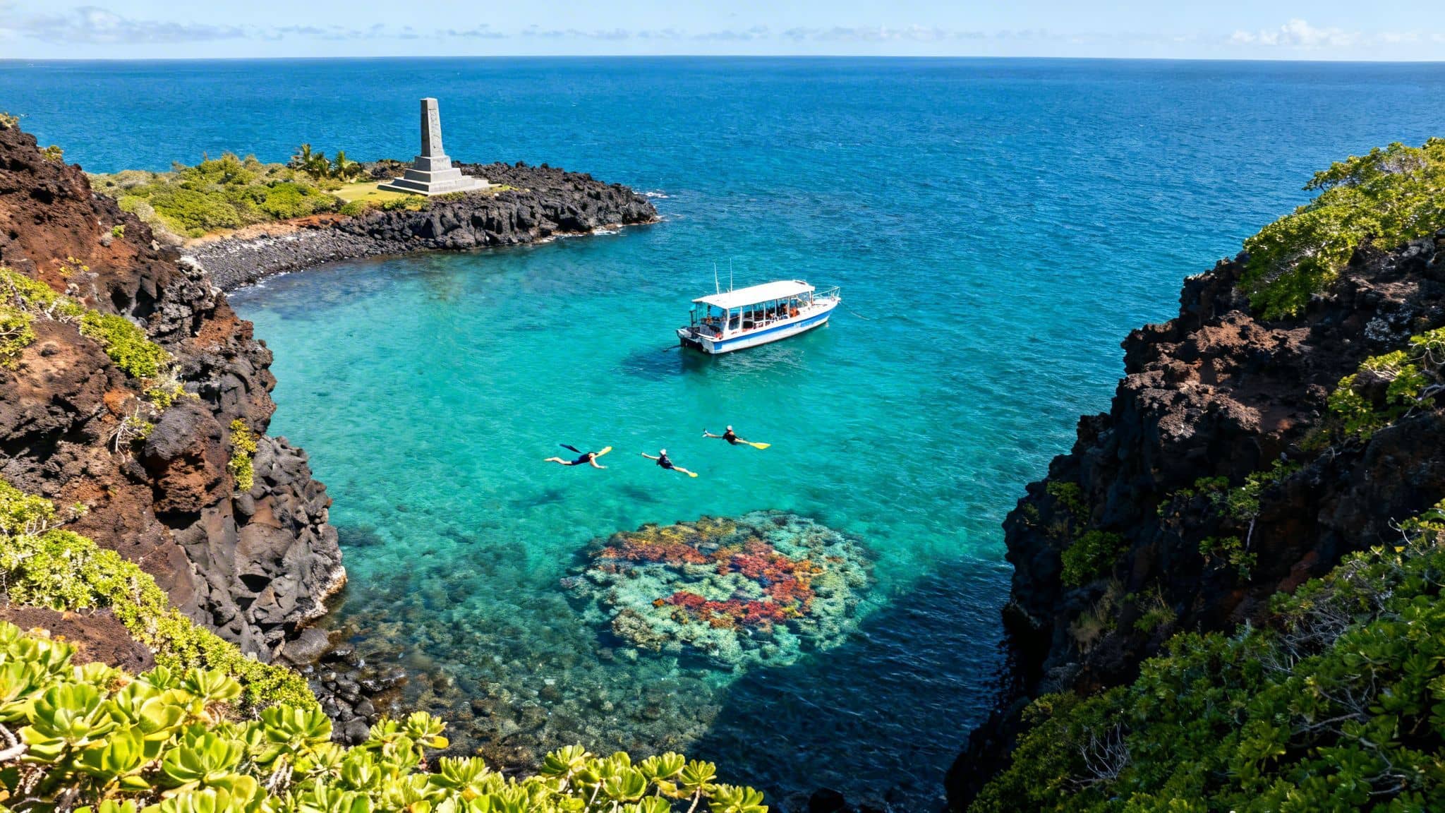 Snorkelers explore clear turquoise waters near a boat and volcanic shore with a monument.