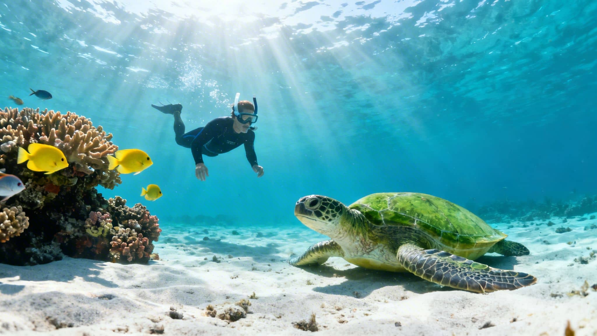 A snorkeler observes a green sea turtle resting on the sandy ocean floor near colorful coral and yellow fish.