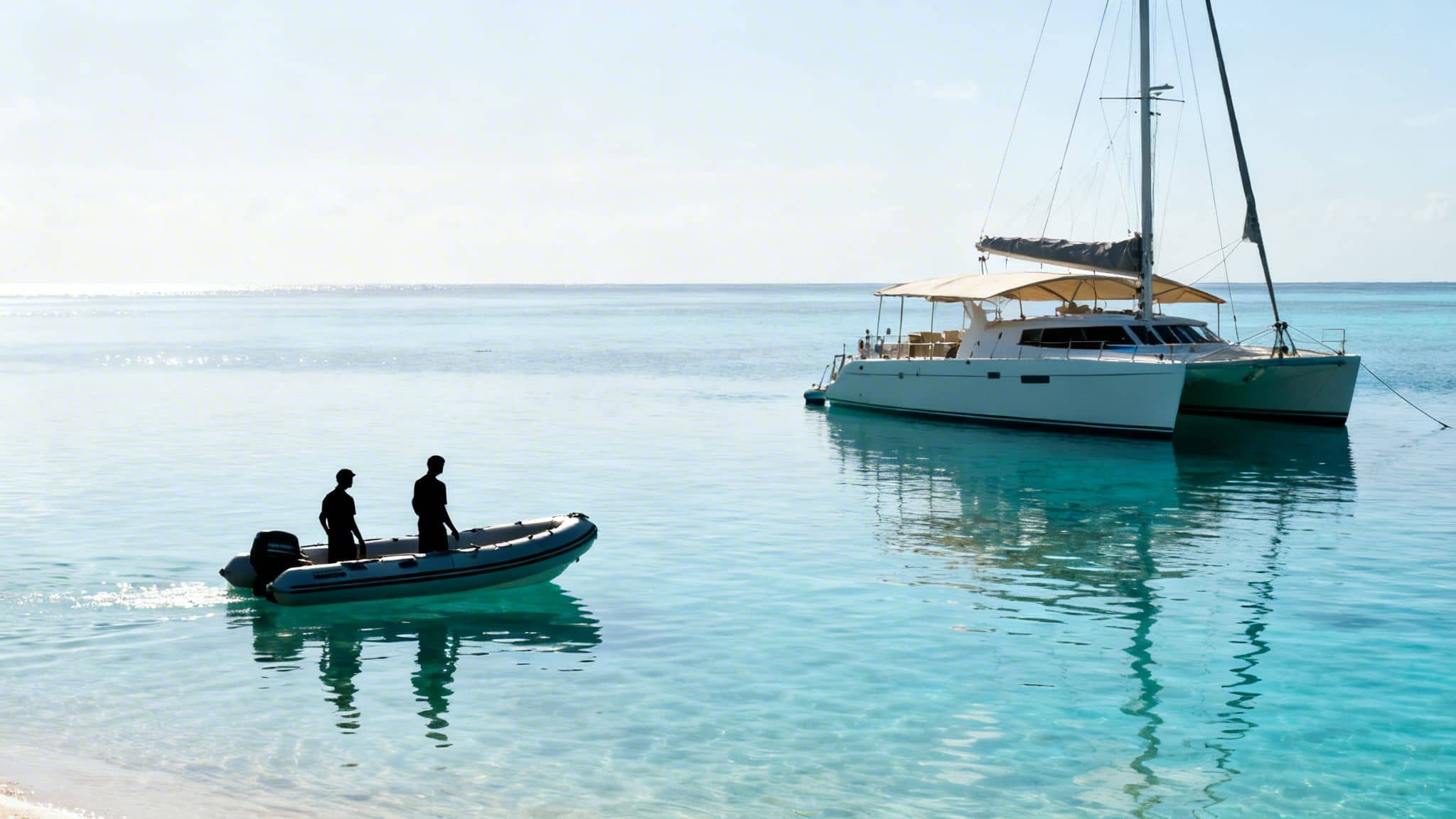 Silhouetted figures in a dinghy approaching a catamaran on a sunny tropical ocean.