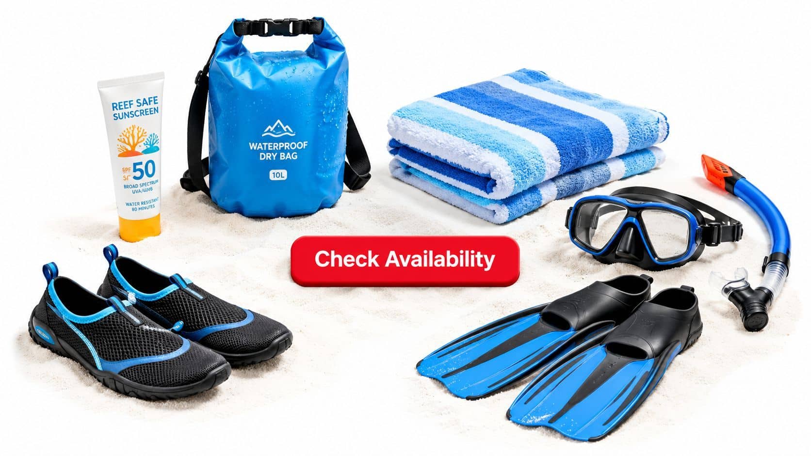 A set of snorkeling gear including mask, fins, snorkel, water shoes, dry bag, towel, and sunscreen.