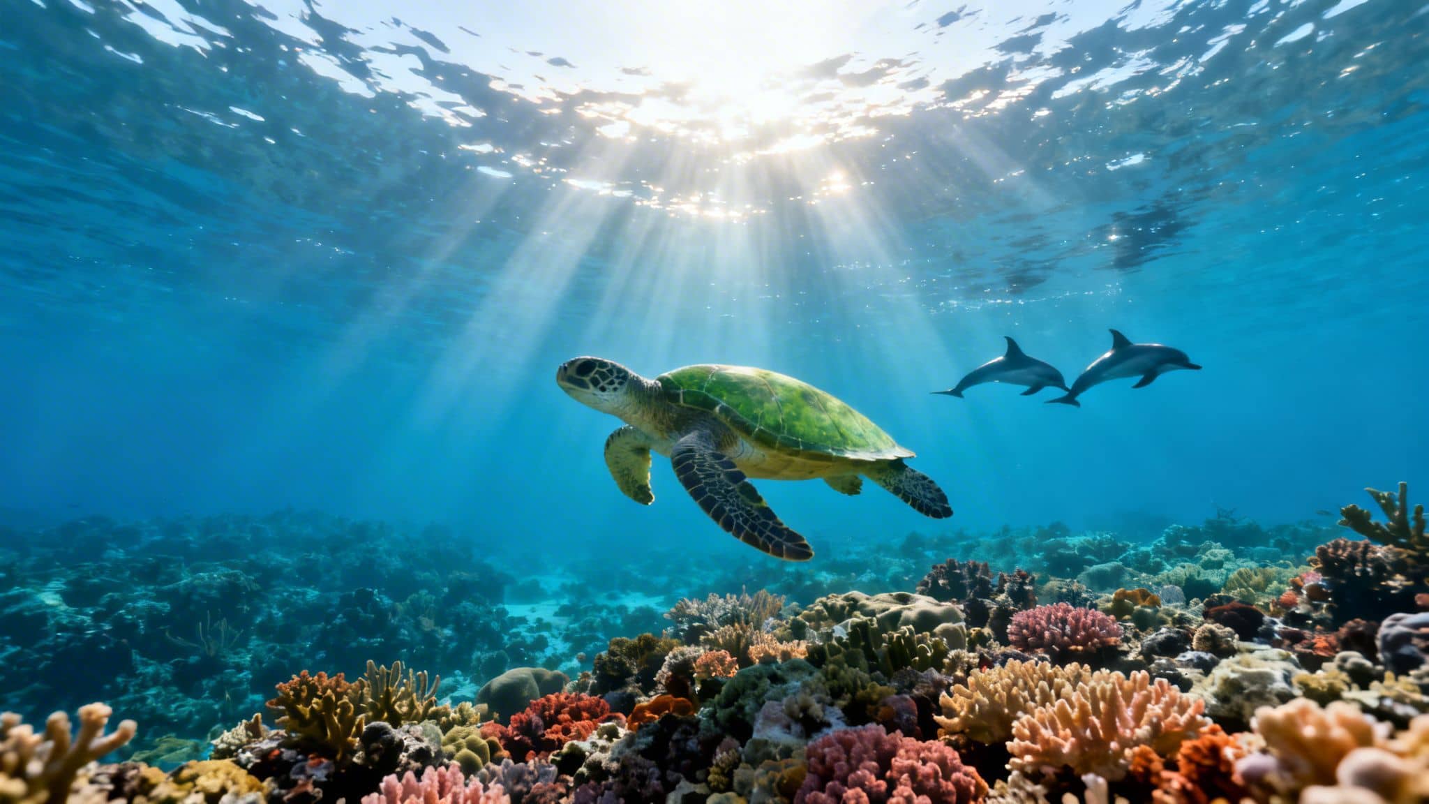A green sea turtle swims above a vibrant coral reef, with two dolphins and sunbeams in clear blue water.