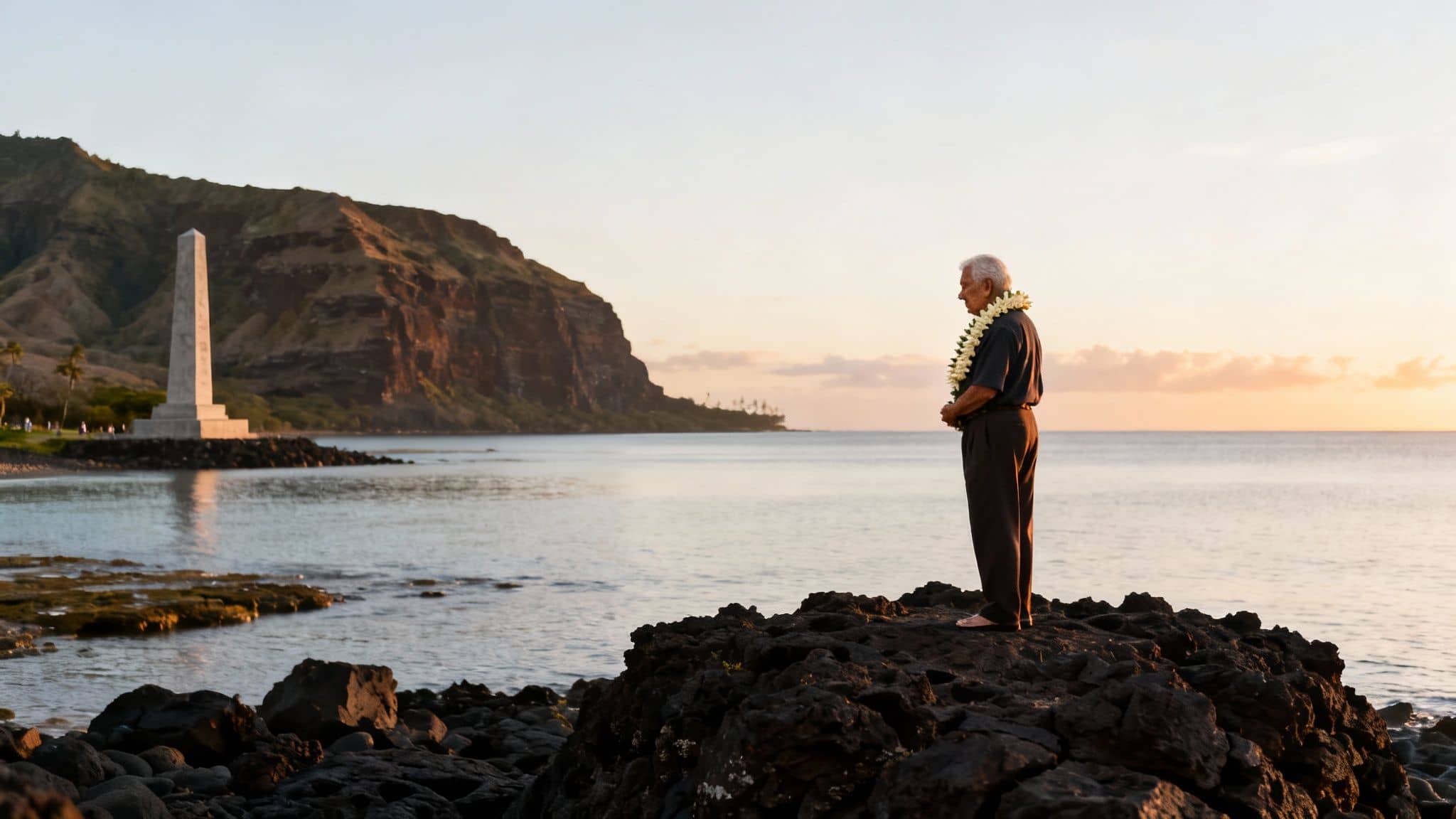 Elderly man wearing a lei stands barefoot on volcanic rocks by the ocean at sunset.