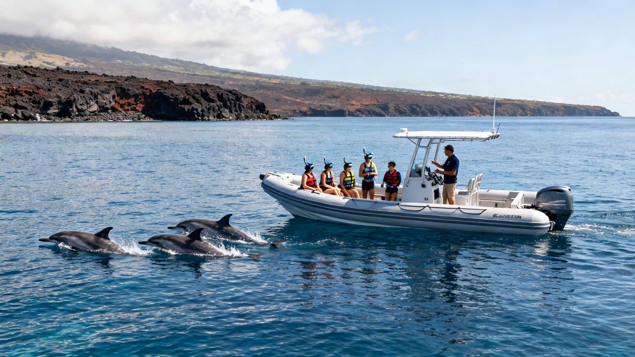 A boat with snorkelers and a captain watches dolphins swim in the ocean near a rocky coast.