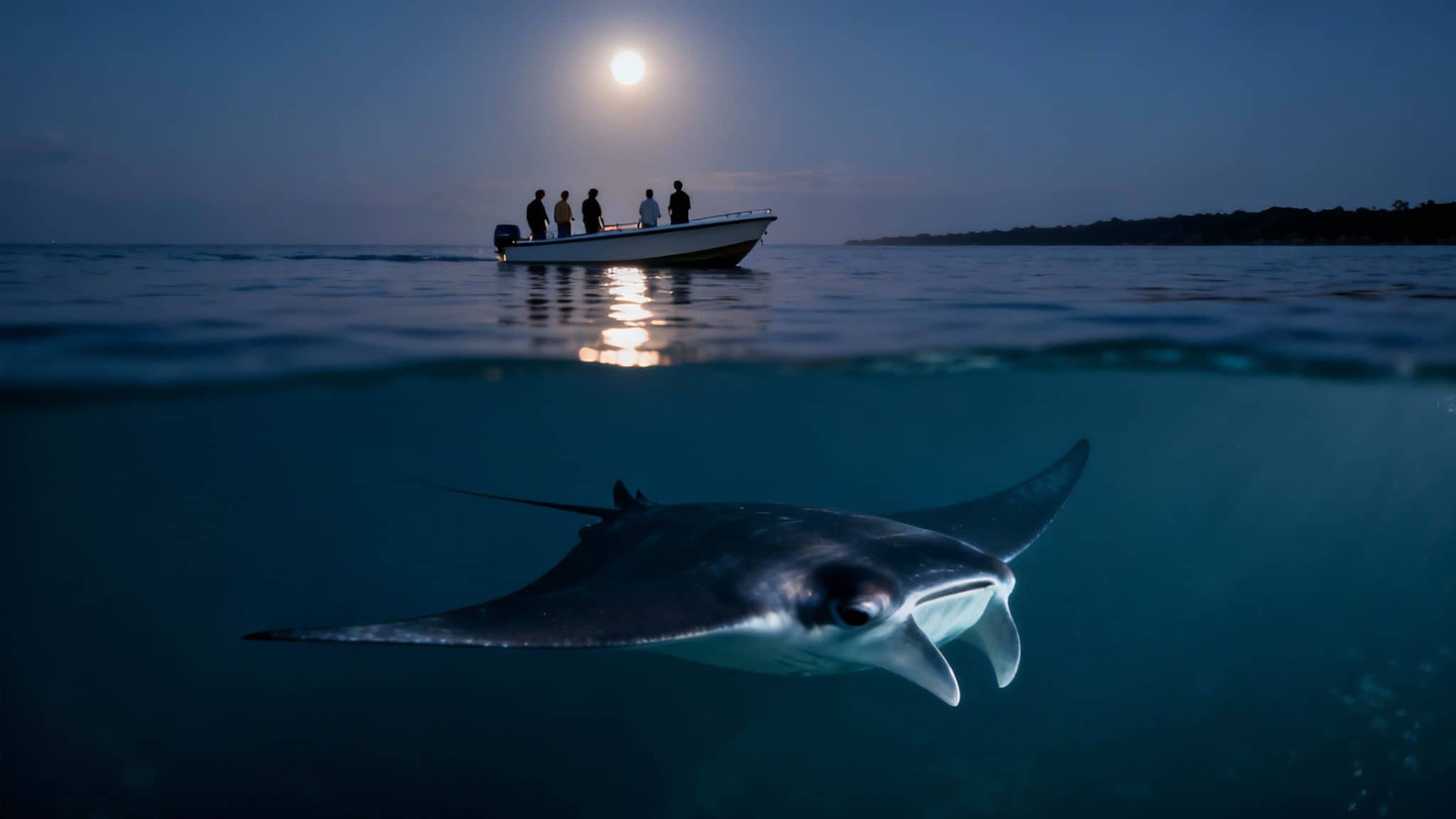 Split-level shot of a manta ray swimming underwater, and a boat with people under a full moon.