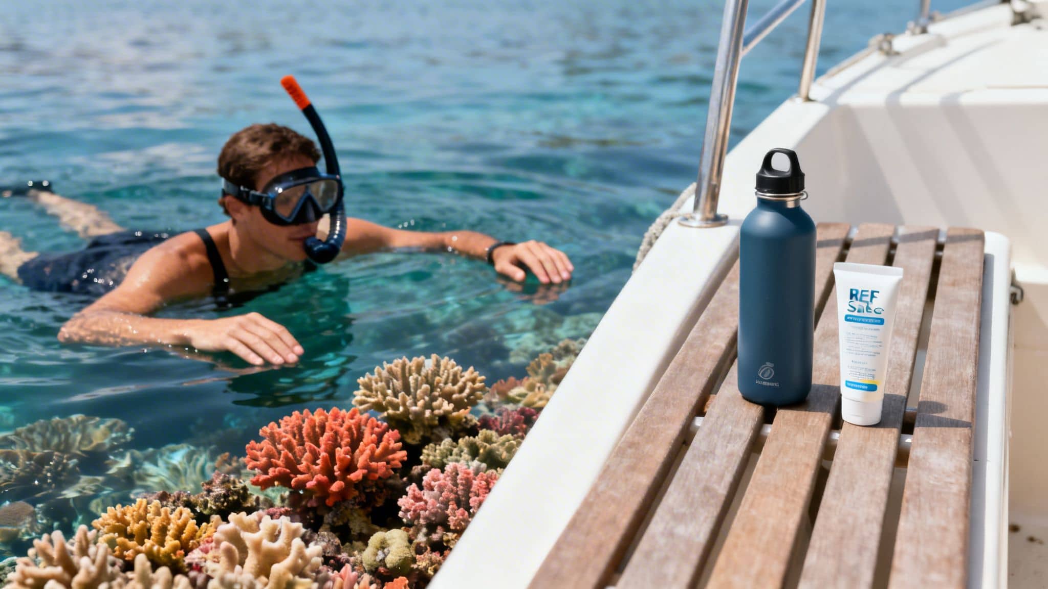 Person snorkeling over vibrant coral reef next to a boat with sunscreen and a water bottle on the deck.