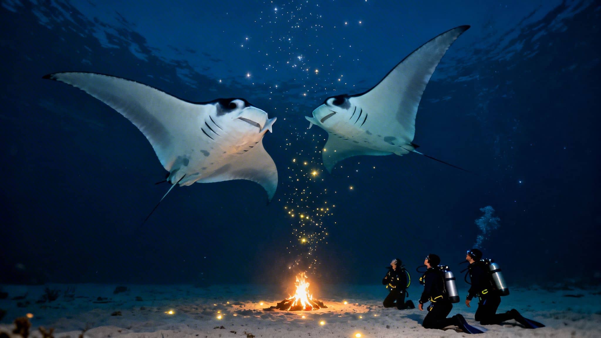 Three divers observe two majestic manta rays swimming above a glowing underwater campfire at night.