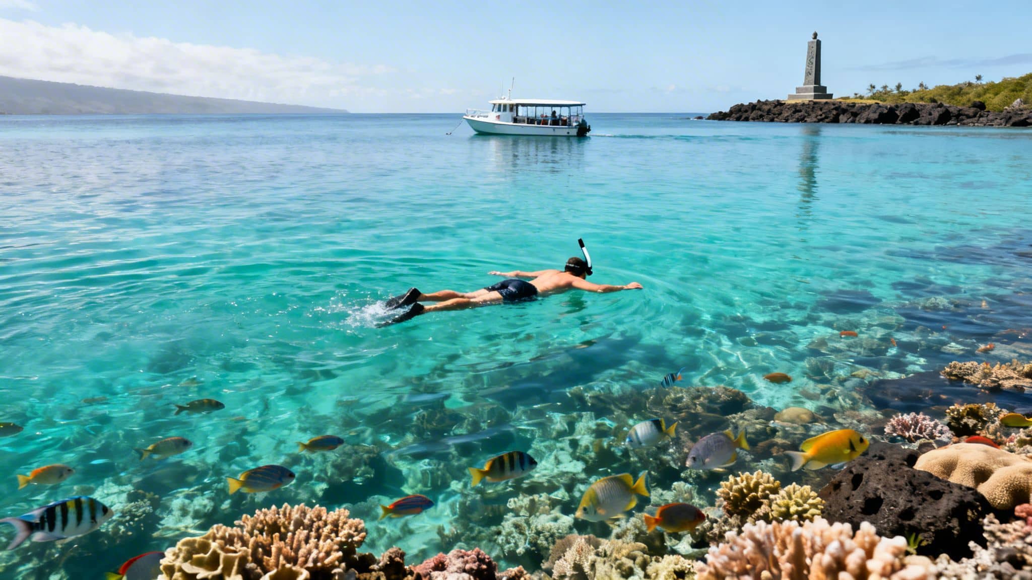 Man snorkeling in clear blue water with colorful fish and coral, a boat and island monument in background.