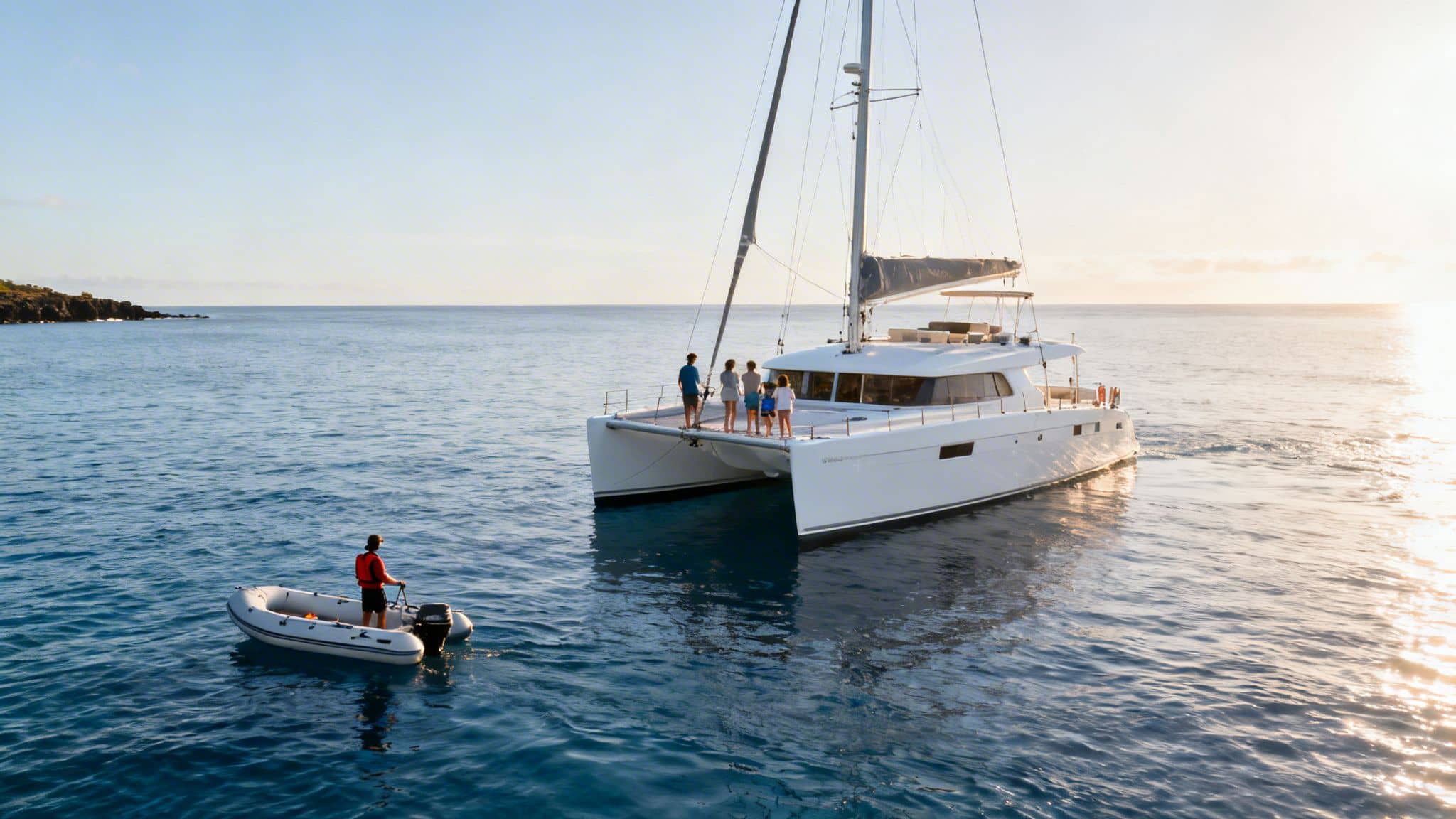 A white catamaran with people on deck and a dinghy with a person, sailing on the ocean at sunset.