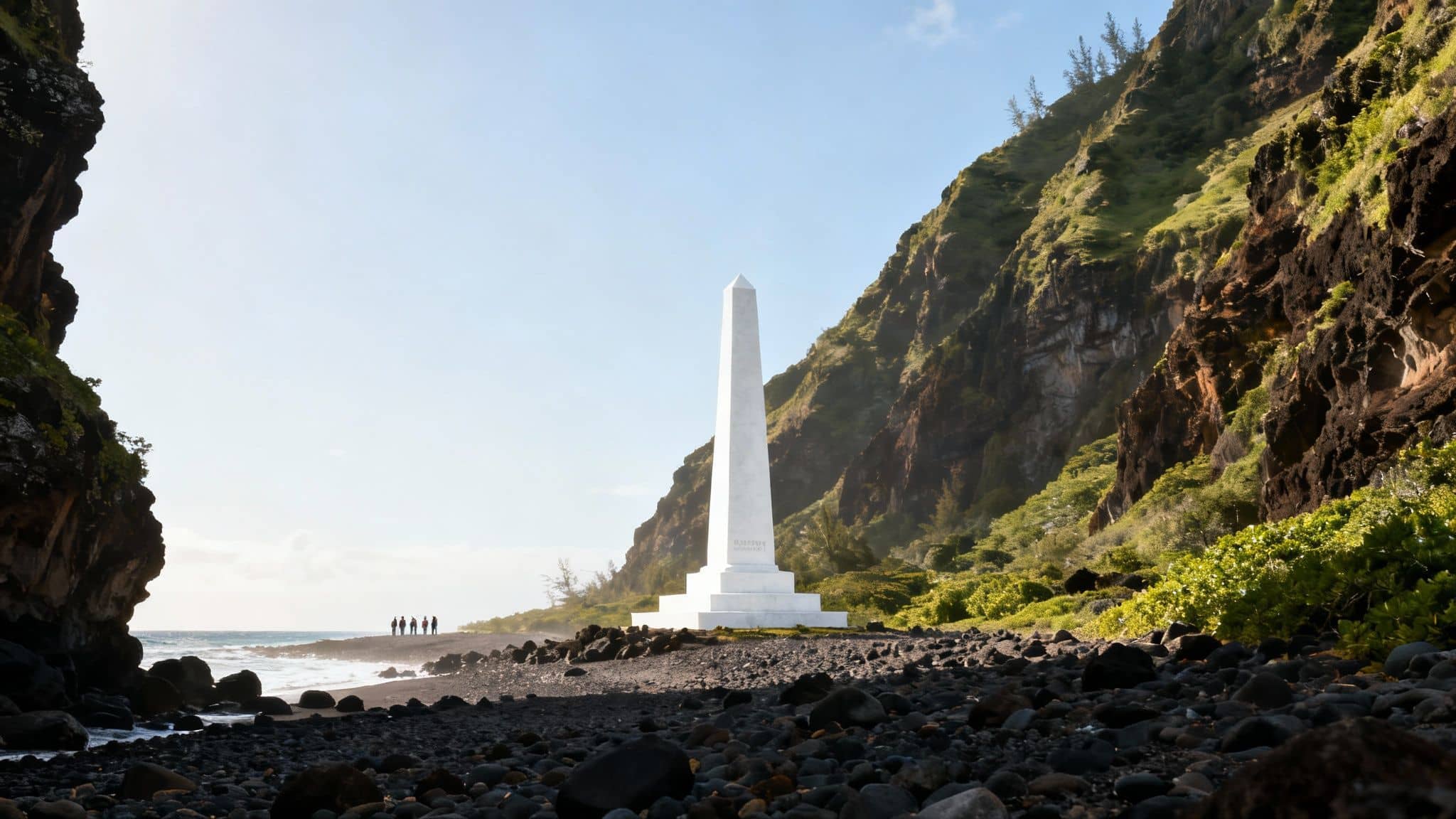 White Captain Cook Monument obelisk stands on a rocky beach with cliffs and ocean in Hawaii.