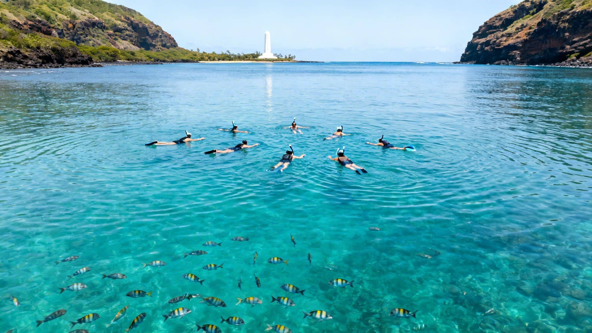 A group of people snorkeling in crystal-clear blue ocean water, surrounded by colorful fish and a distant lighthouse.