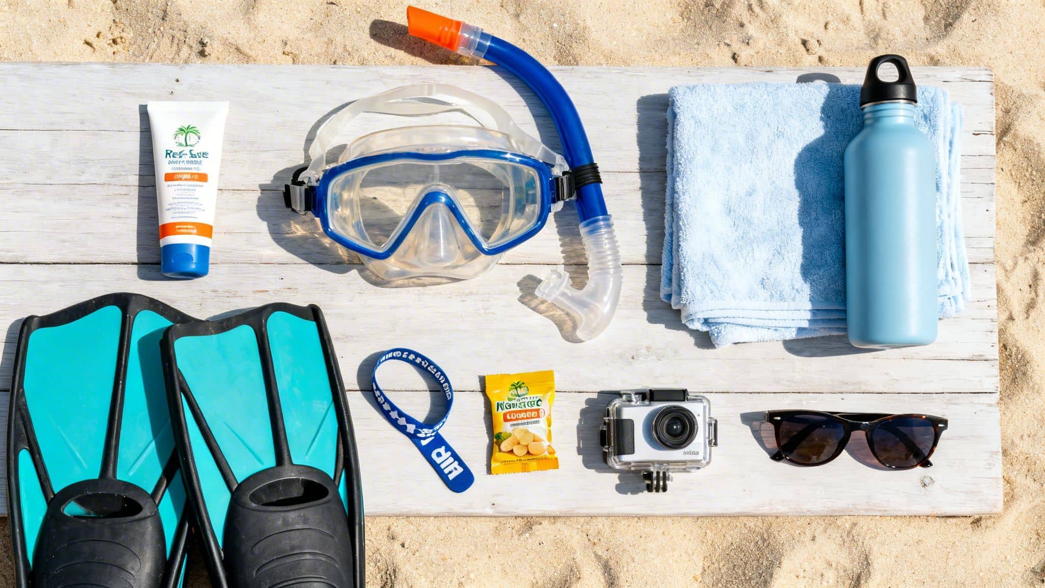 A flat lay of snorkeling gear, beach accessories, and snacks on a white wooden board on sand.