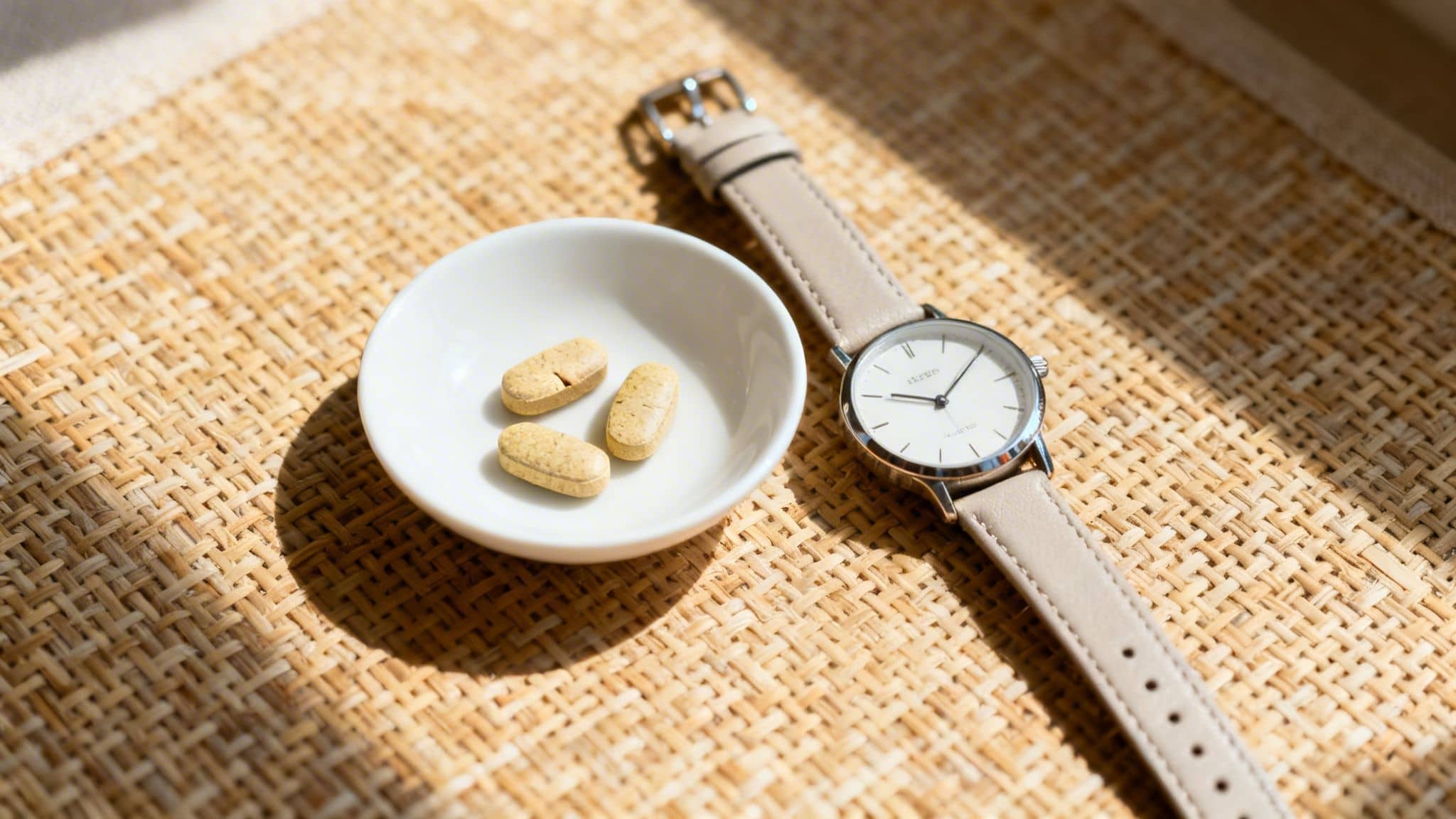 Three light yellow tablets in a small white bowl next to a watch on a sunny straw mat.