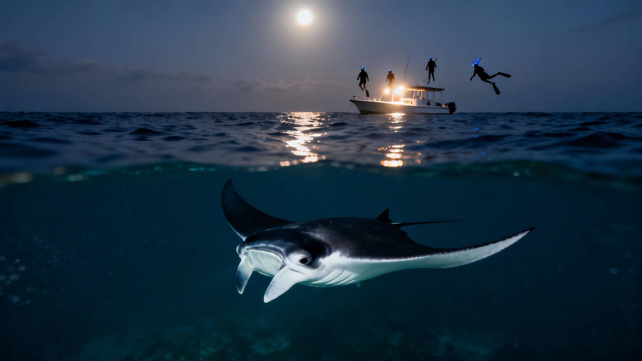 Night split-level view: manta ray underwater, divers jumping from boat under a full moon.