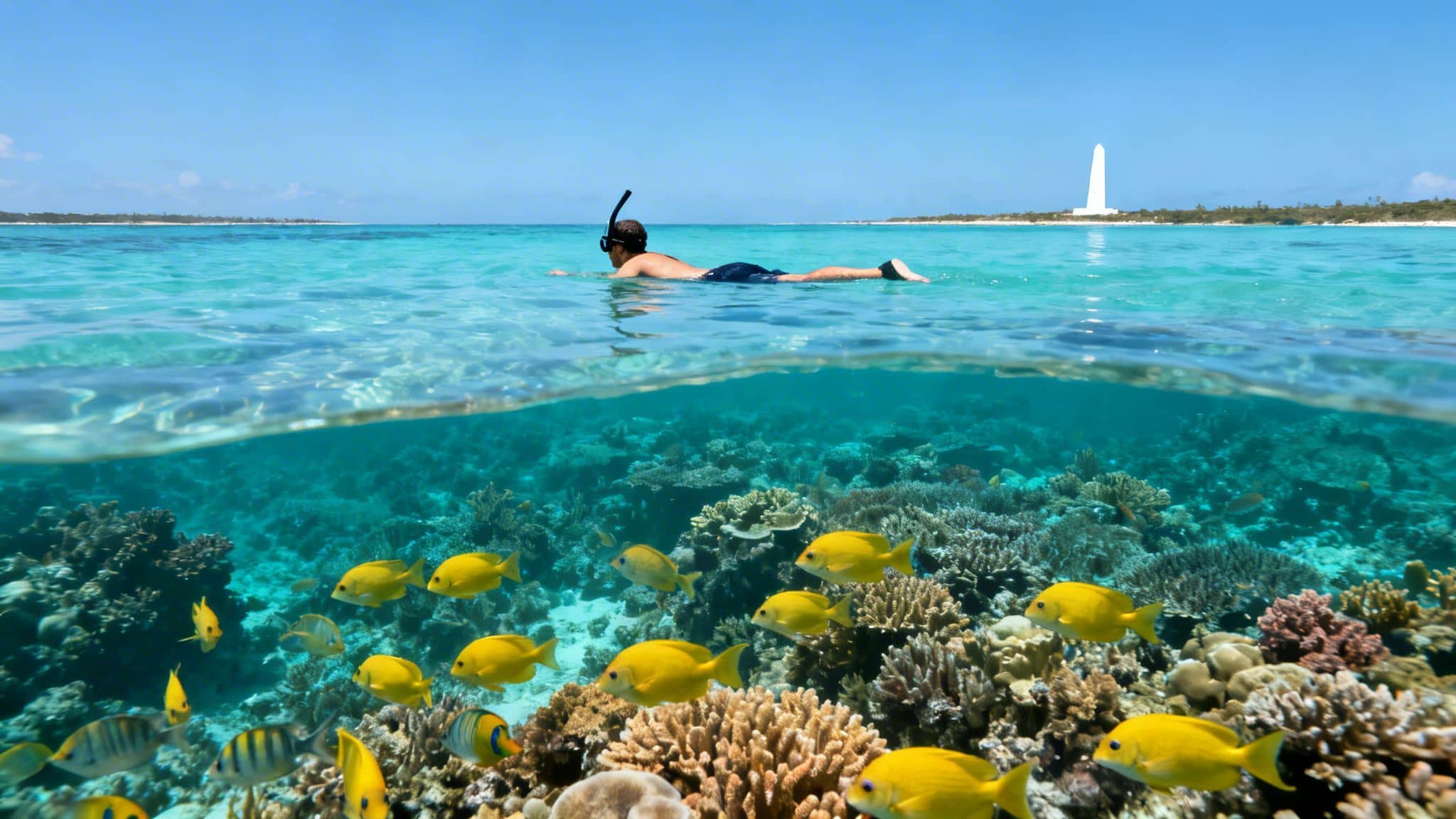 A man snorkeling over a vibrant coral reef teeming with yellow fish near a tropical island with a white monument.