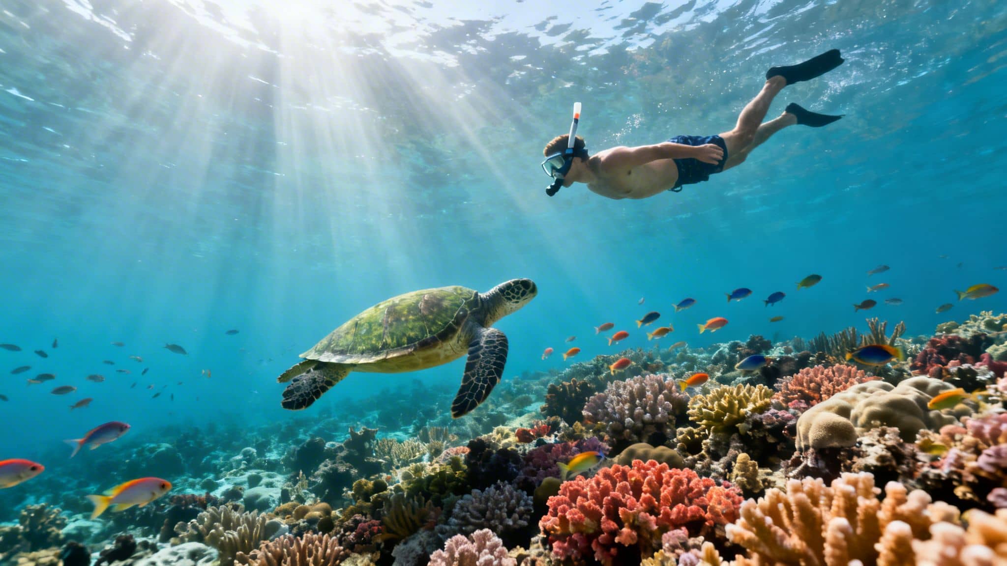 Snorkeler observes a sea turtle in crystal-clear water with sun rays illuminating a colorful reef.