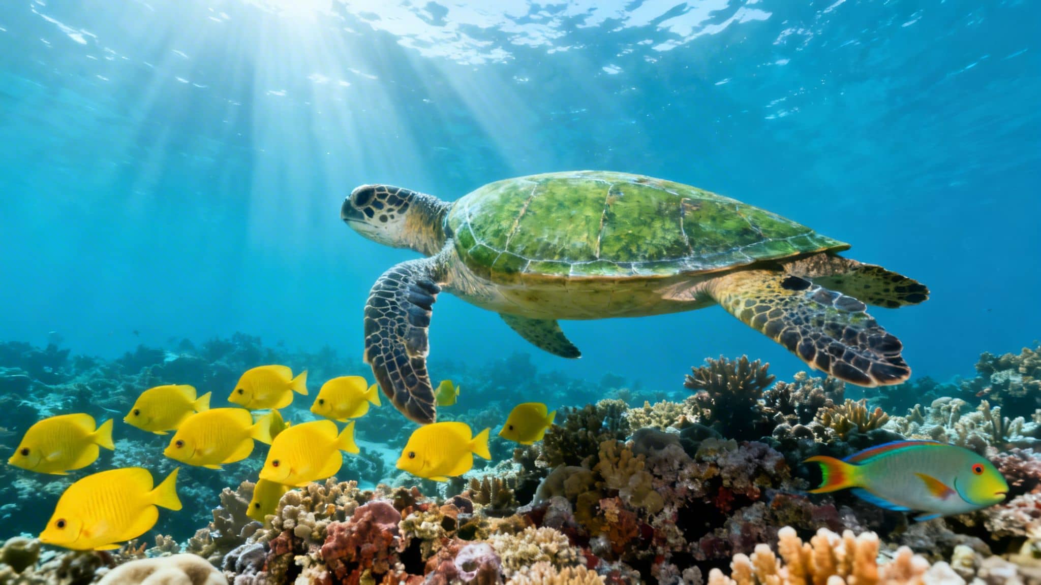 A green sea turtle swims above a vibrant coral reef with yellow fish in sunlit blue ocean water.