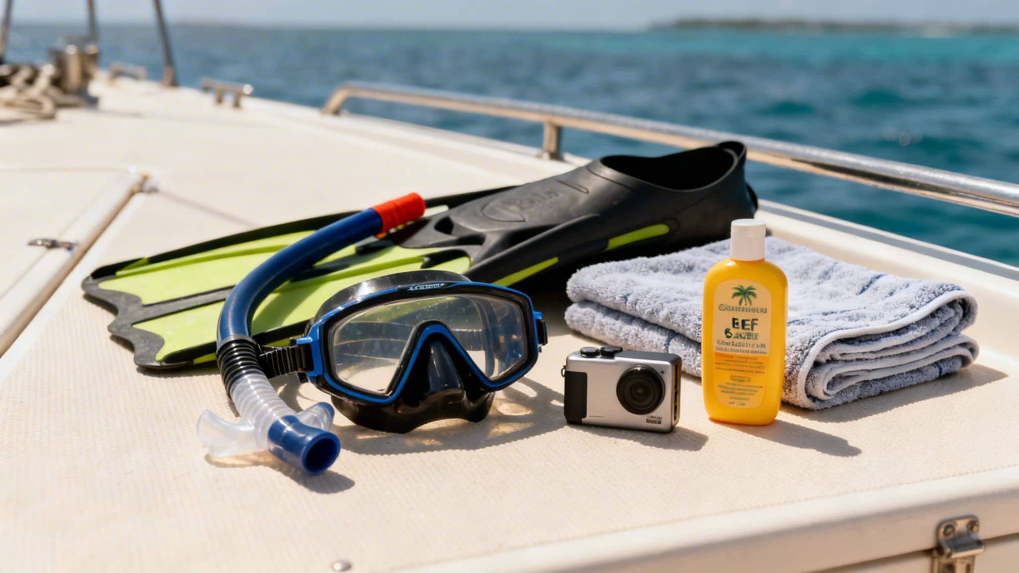 Snorkeling gear, a waterproof camera, sunscreen, and a towel on a boat deck with the ocean.