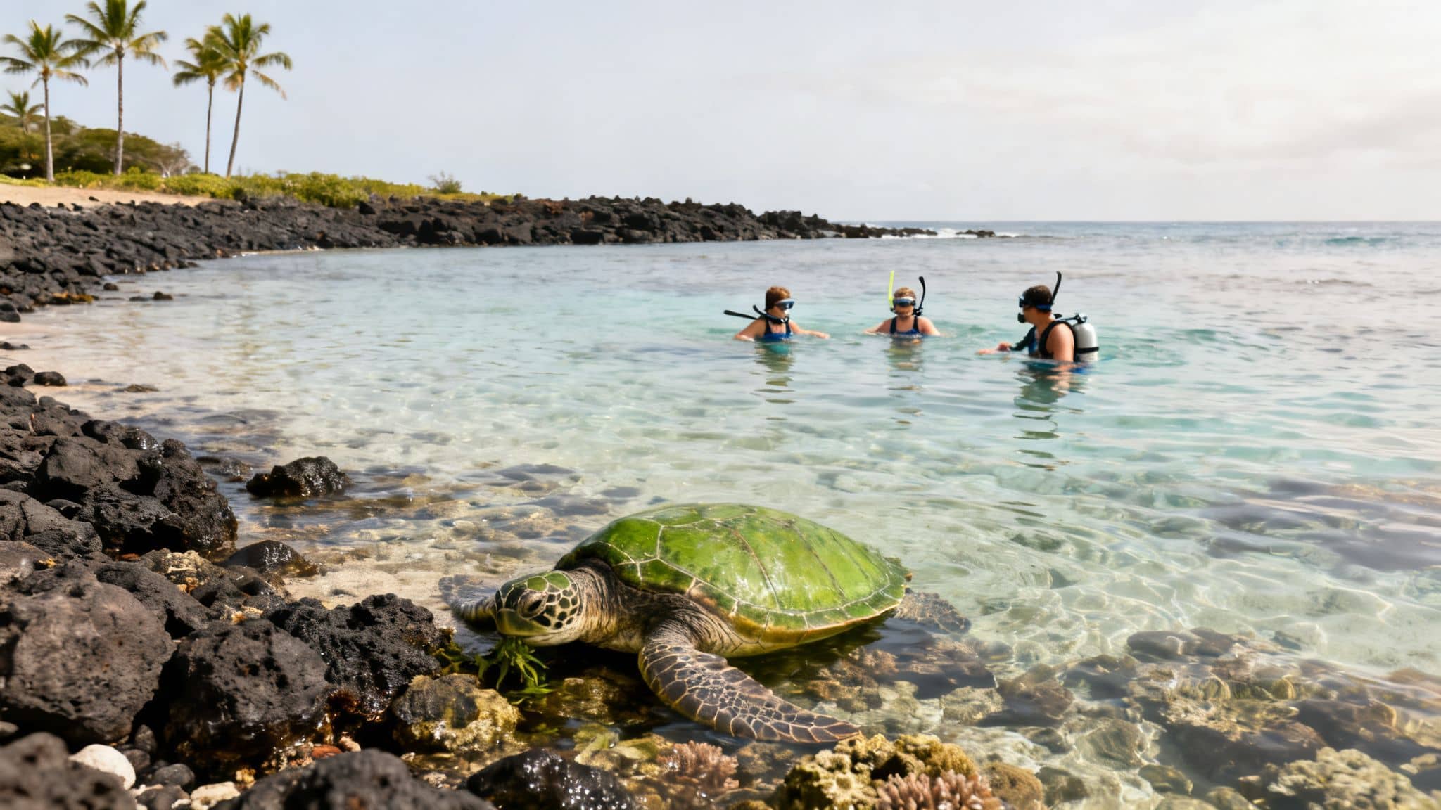 A large green sea turtle feeds on seaweed near a rocky shore with three snorkelers in clear Hawaiian waters.