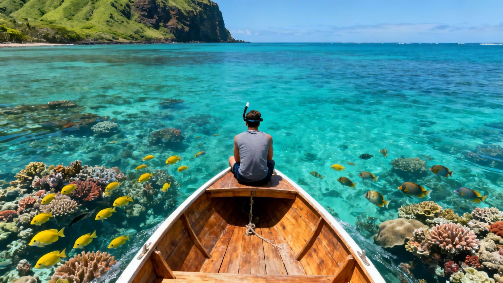 A person in a boat with snorkel observes a vibrant coral reef and yellow fish in clear water.
