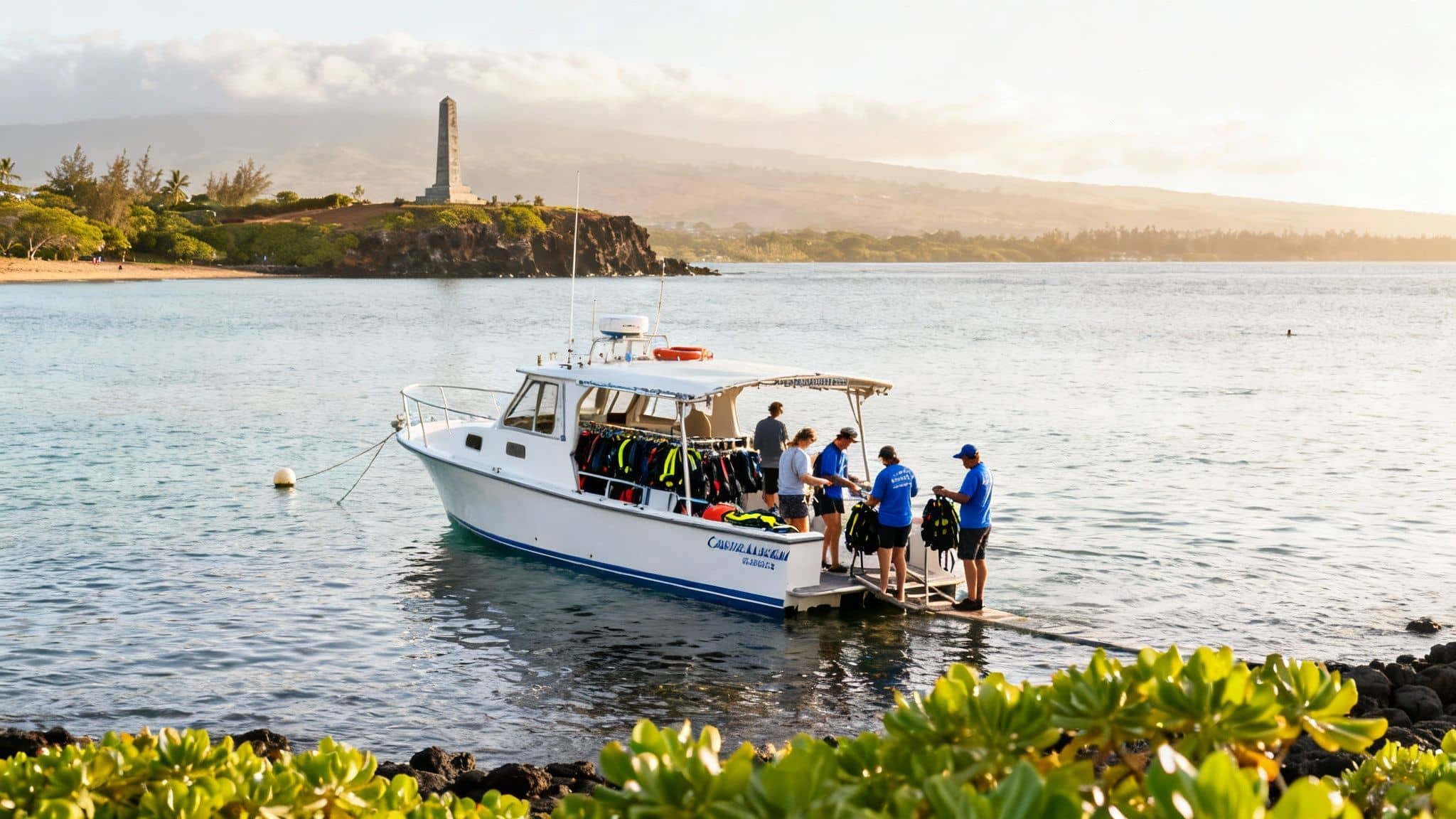 A boat with divers and snorkeling gear anchored in a bay near the Captain Cook Monument.