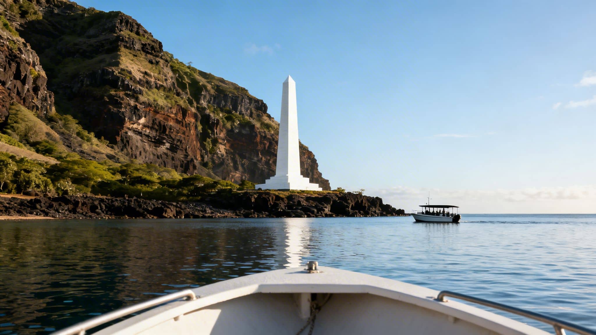 View from a boat of a towering white obelisk on a rocky island with a large cliff.