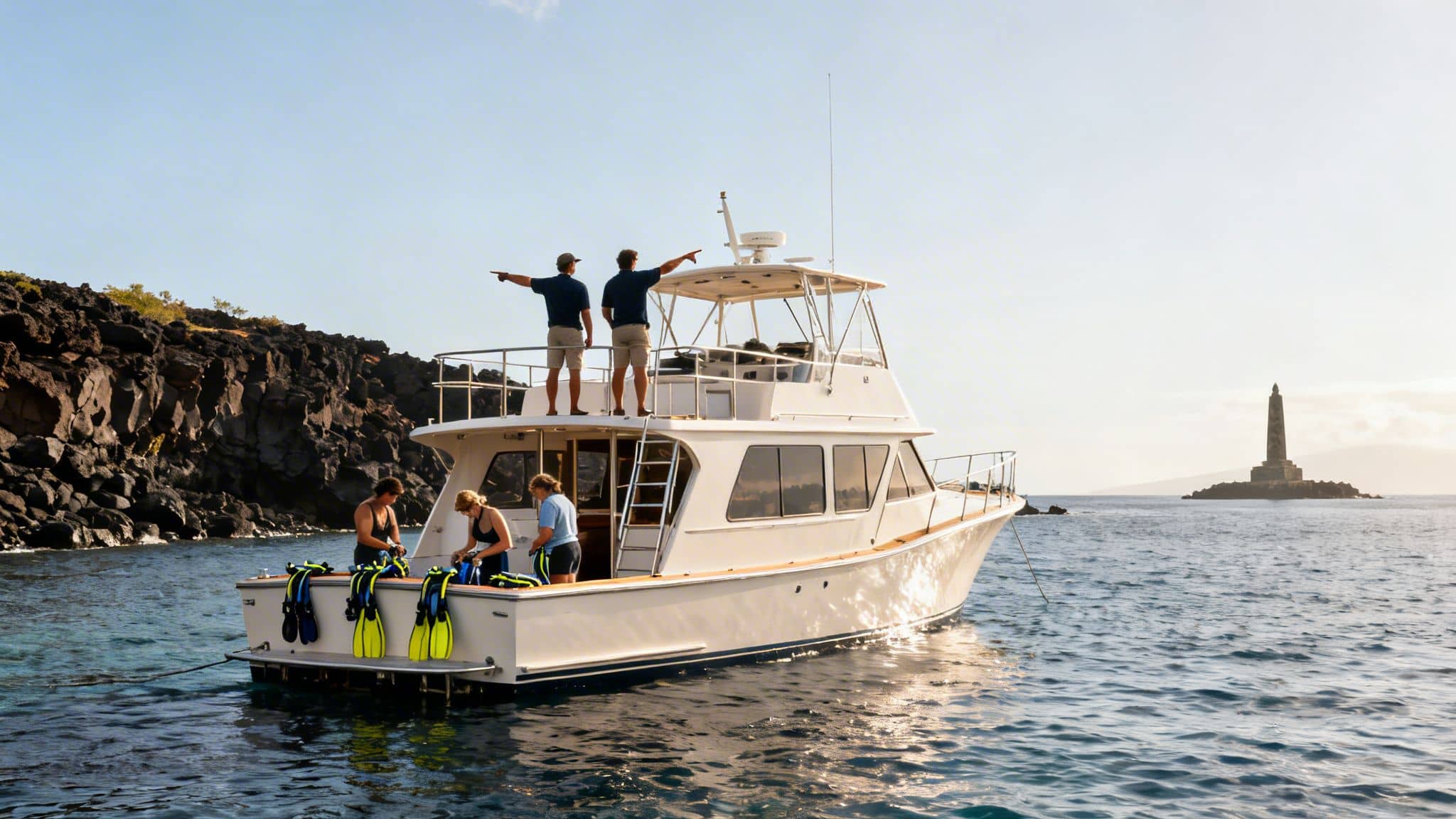 People prepare snorkeling gear on a boat, with volcanic coastline and distant monument in a bay.