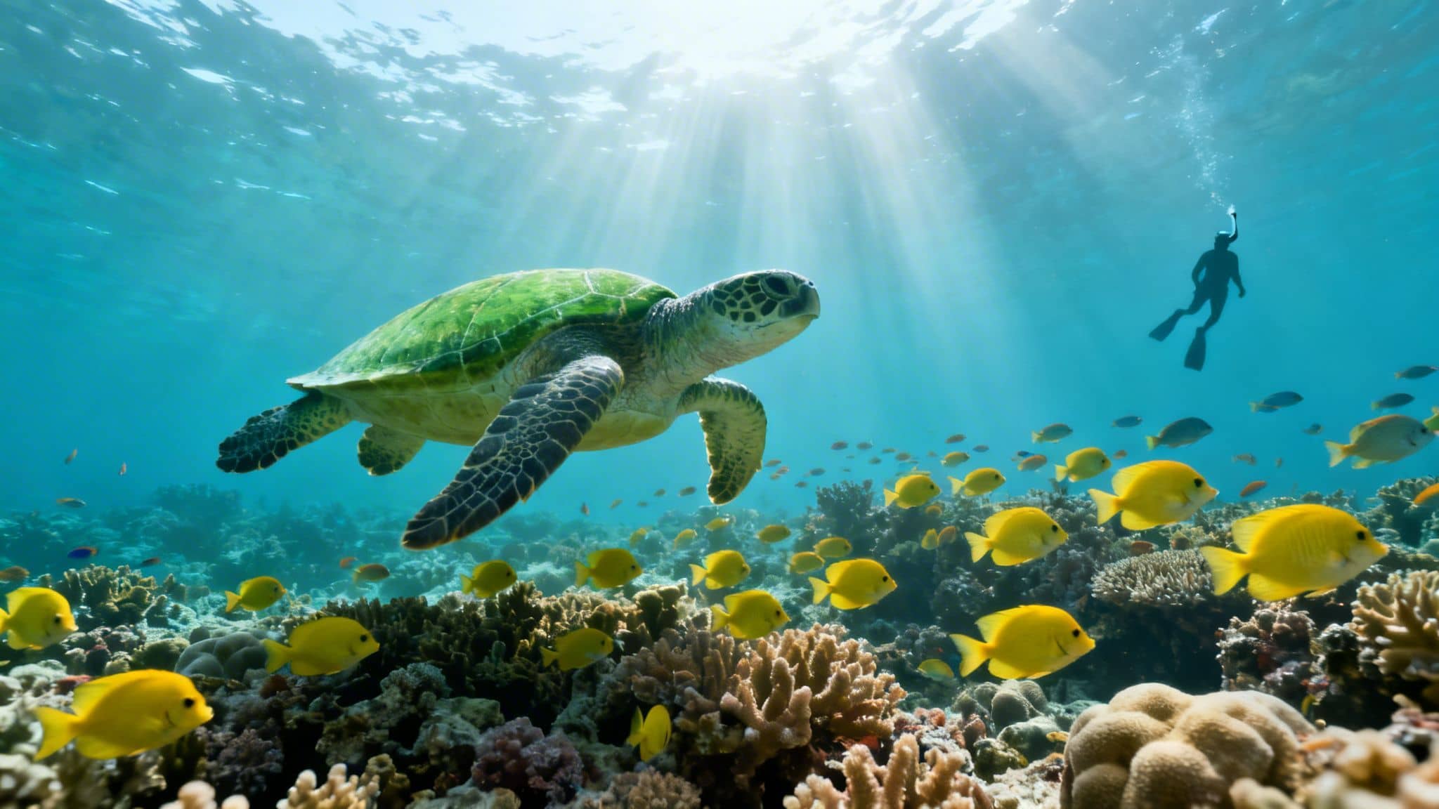 A vibrant green sea turtle swims among yellow fish and colorful coral reefs, with sun rays and a diver.