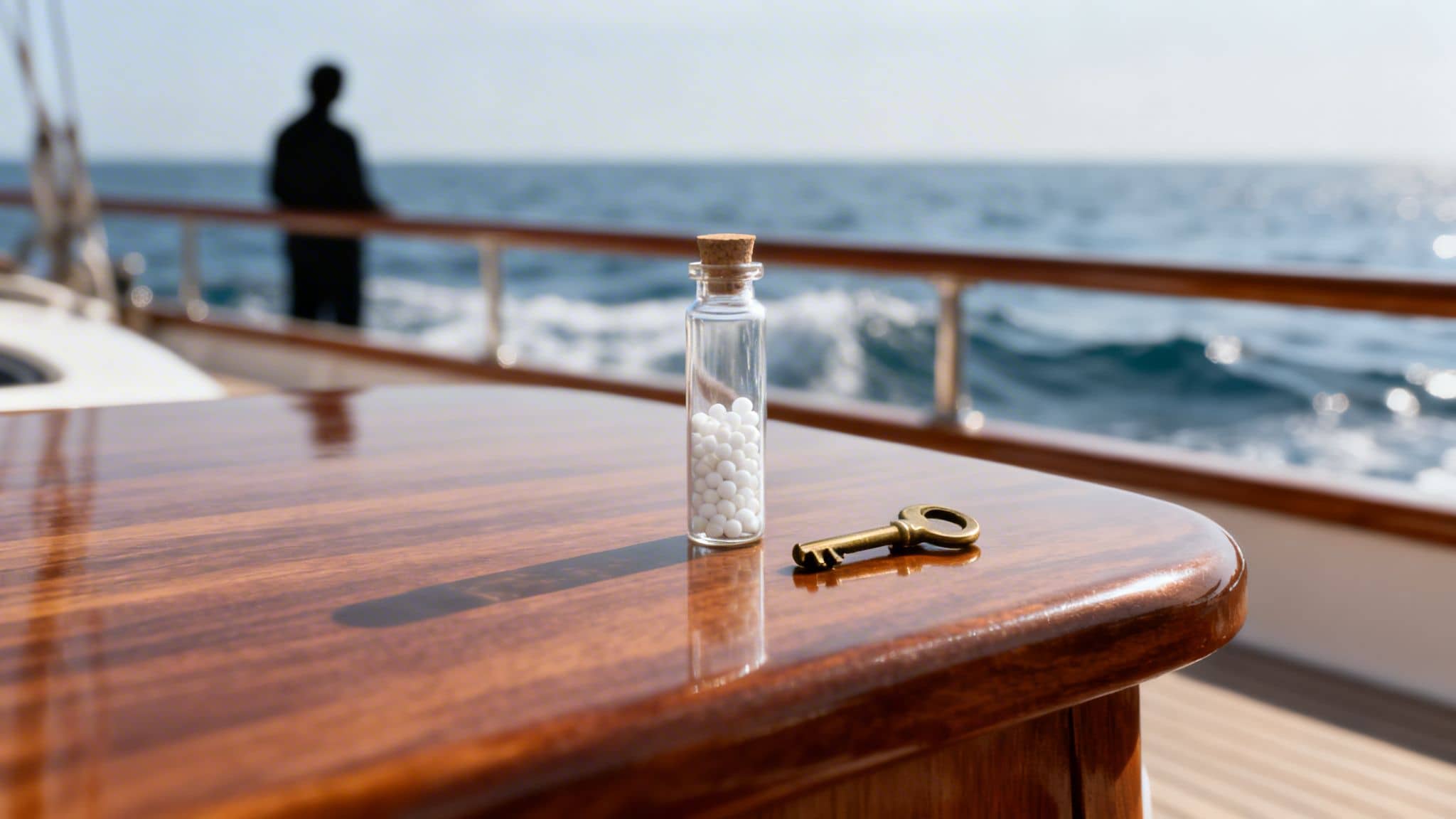 Homeopathic pellets and a key on a wooden boat deck overlooking the ocean.