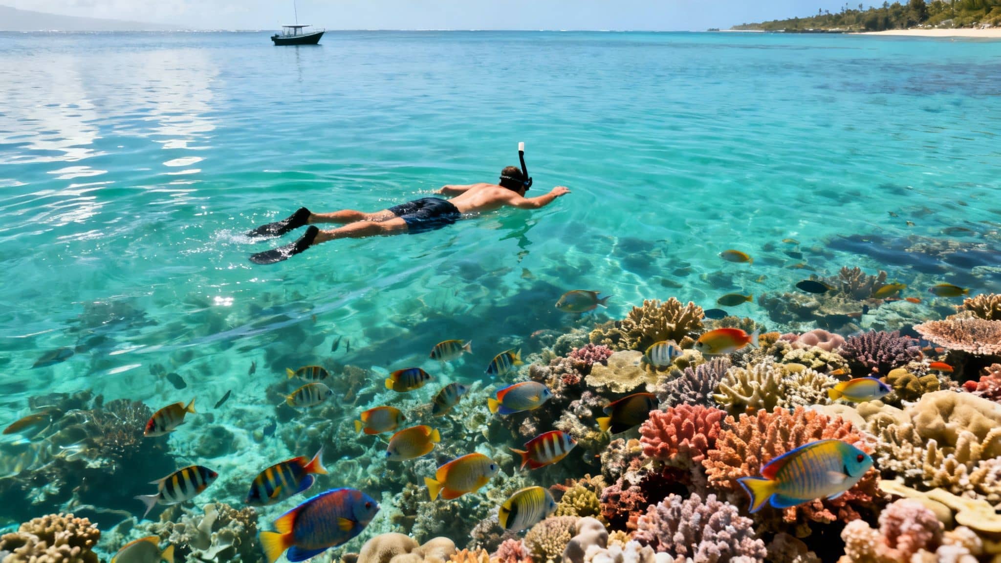 Man snorkeling in crystal-clear turquoise ocean water over a vibrant coral reef with many colorful fish.