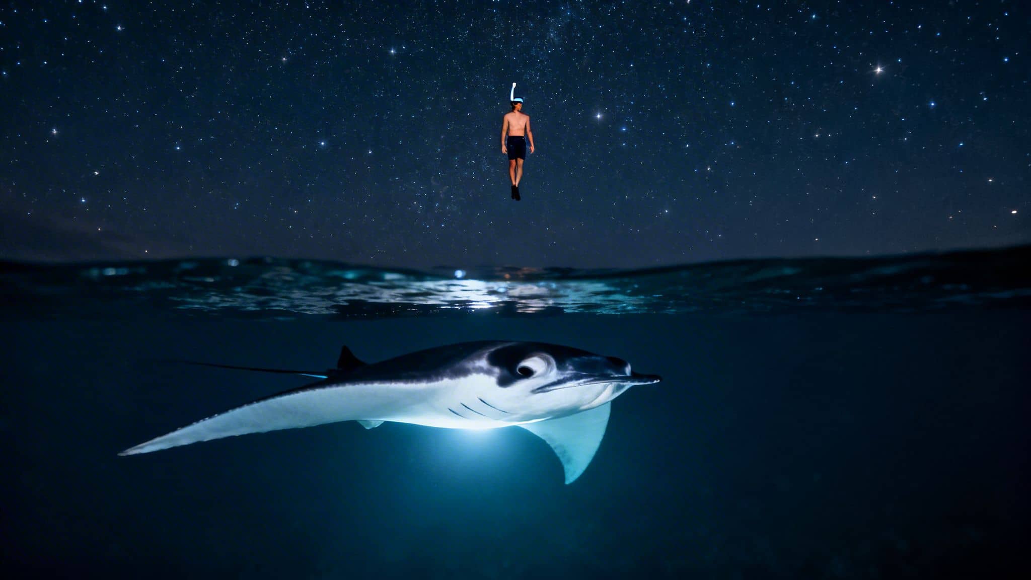 Night scene with a snorkeler floating above water and a glowing manta ray below a starry sky.