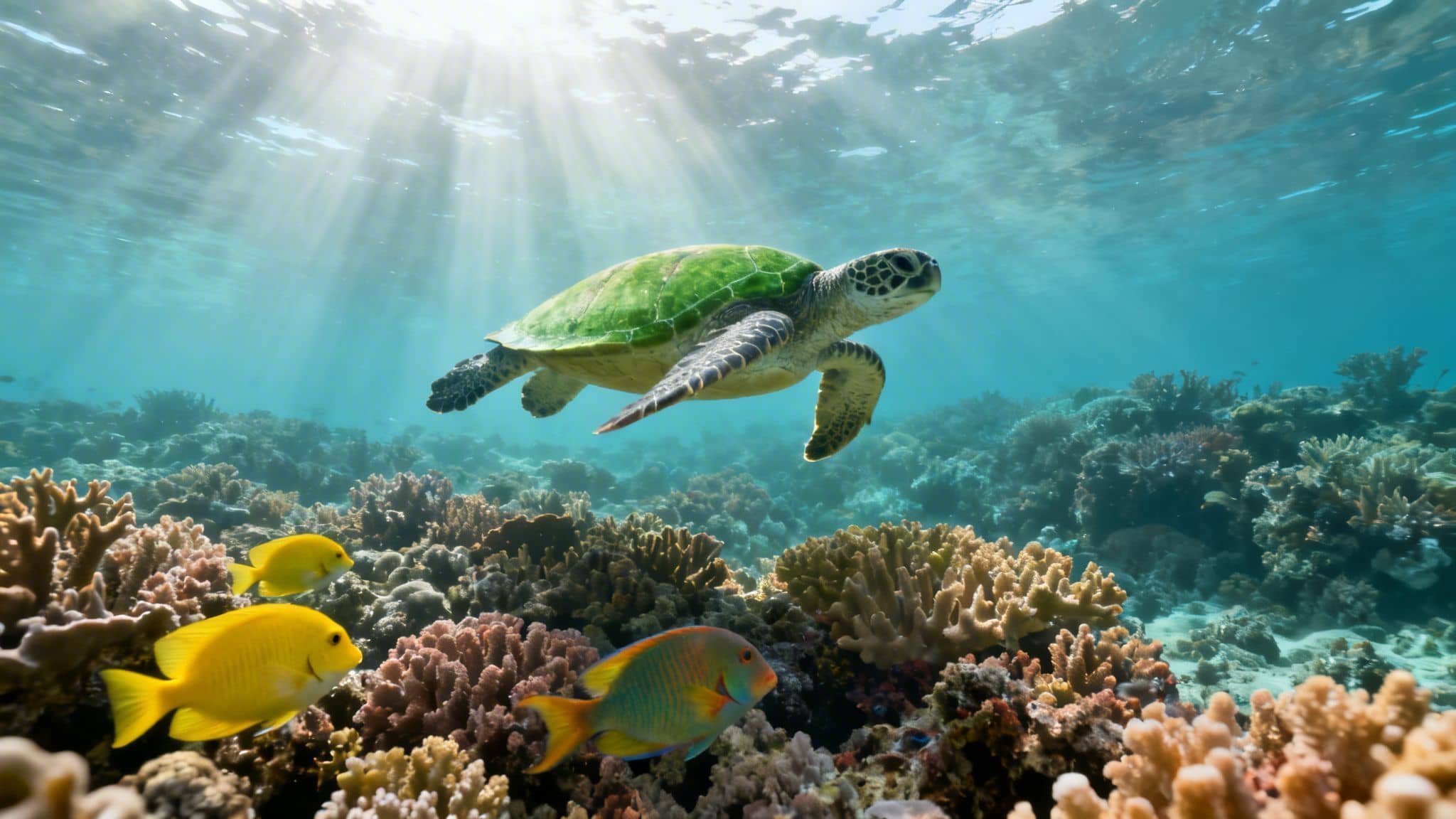 A green sea turtle swims gracefully over a colorful coral reef with tropical fish and sun rays.