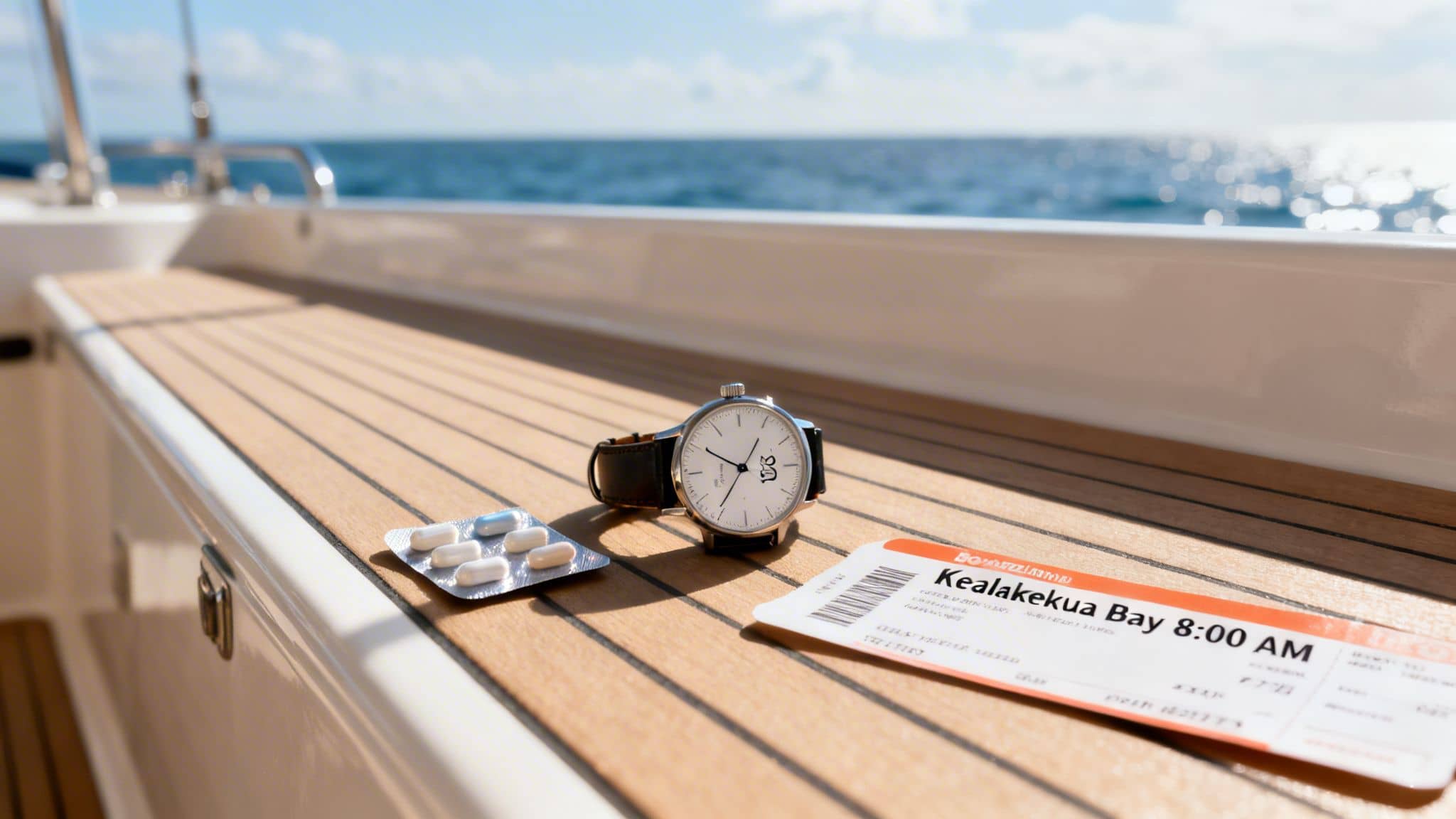 Seasickness pills, a watch, and a boat tour ticket on a yacht deck overlooking the sea.