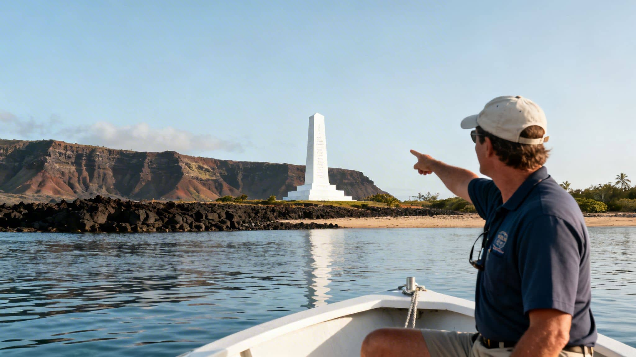 A man in a boat points towards the white Captain Cook Monument on the rocky shore.