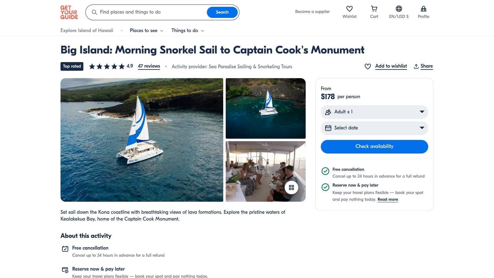 GetYourGuide — Captain Cook Monument Snorkel Sail (Sea Paradise provider)