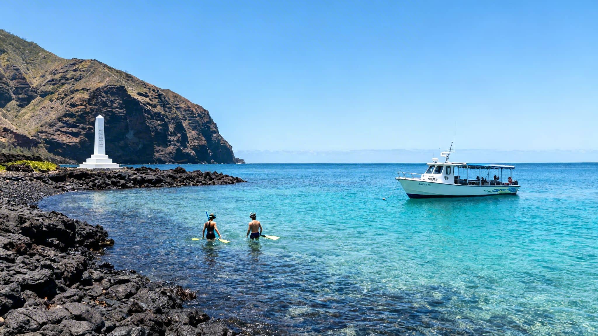 A scenic view of a white monument on a rocky shore, with snorkelers in clear turquoise water and a boat.