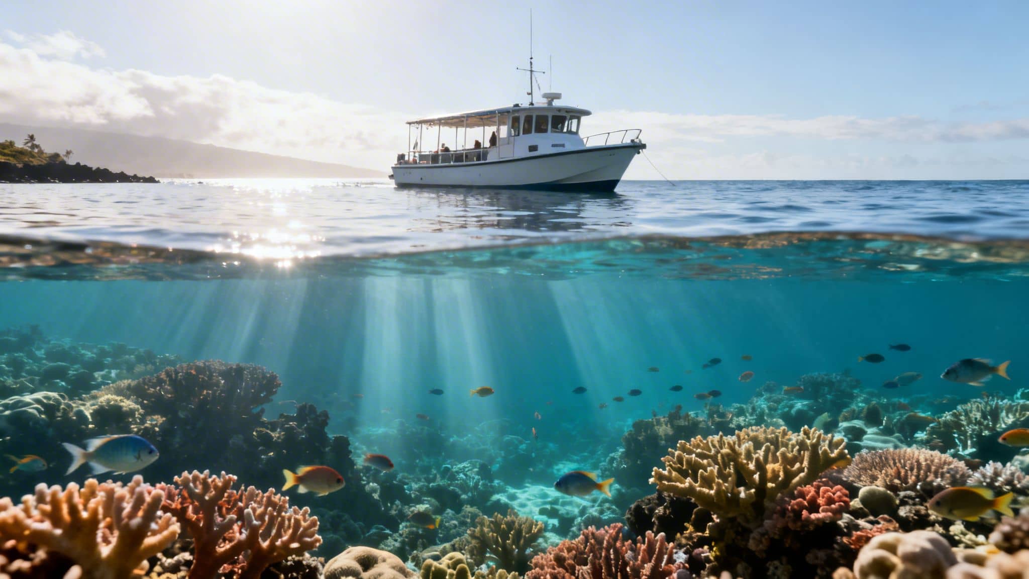 A split-level view capturing a boat on the ocean surface and a vibrant coral reef with fish below.