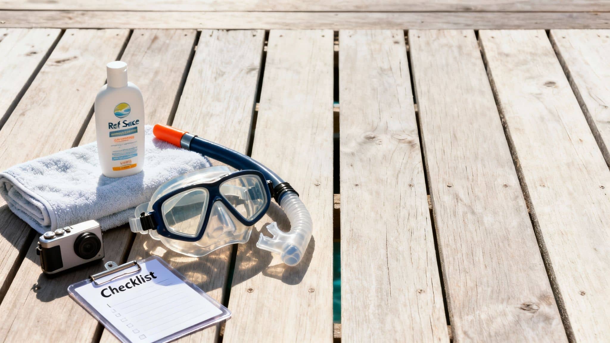 Snorkeling gear, sunscreen, camera, and a checklist laid out on a wooden deck.