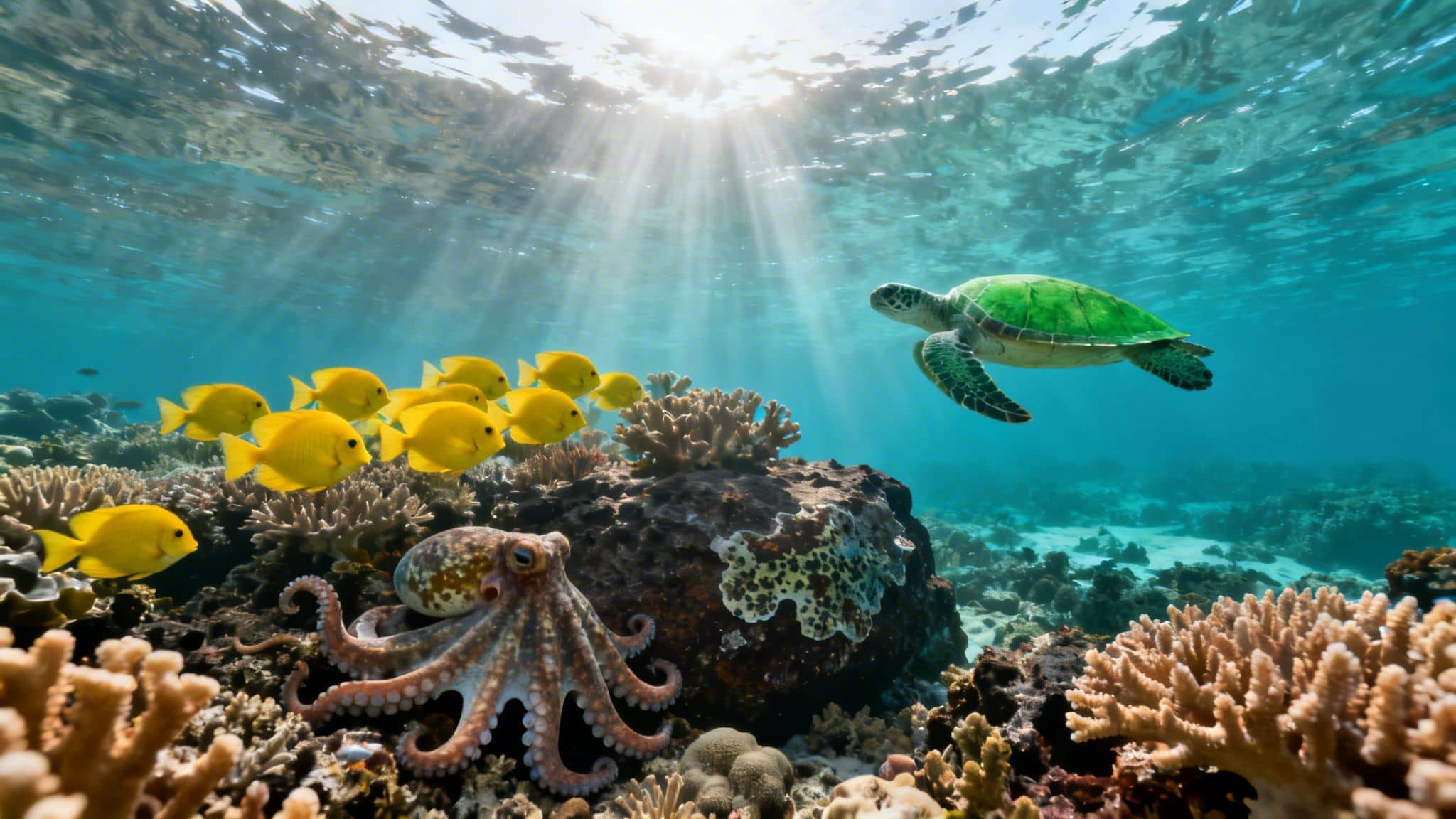 A vibrant underwater scene with a sea turtle, an octopus, yellow fish, and coral reefs.