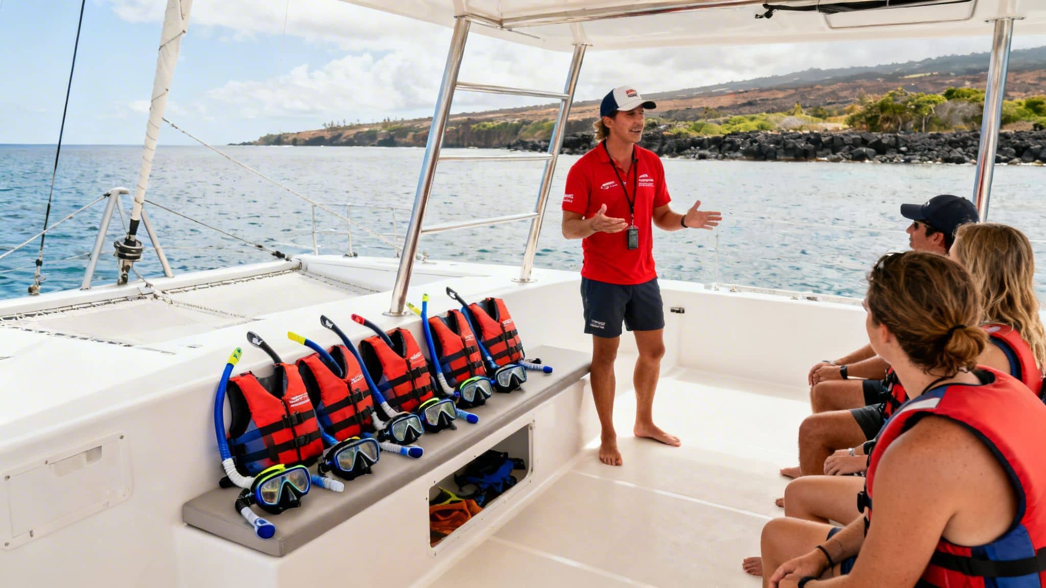 A tour guide on a boat briefs passengers with snorkeling gear and scenic Hawaiian coastline.